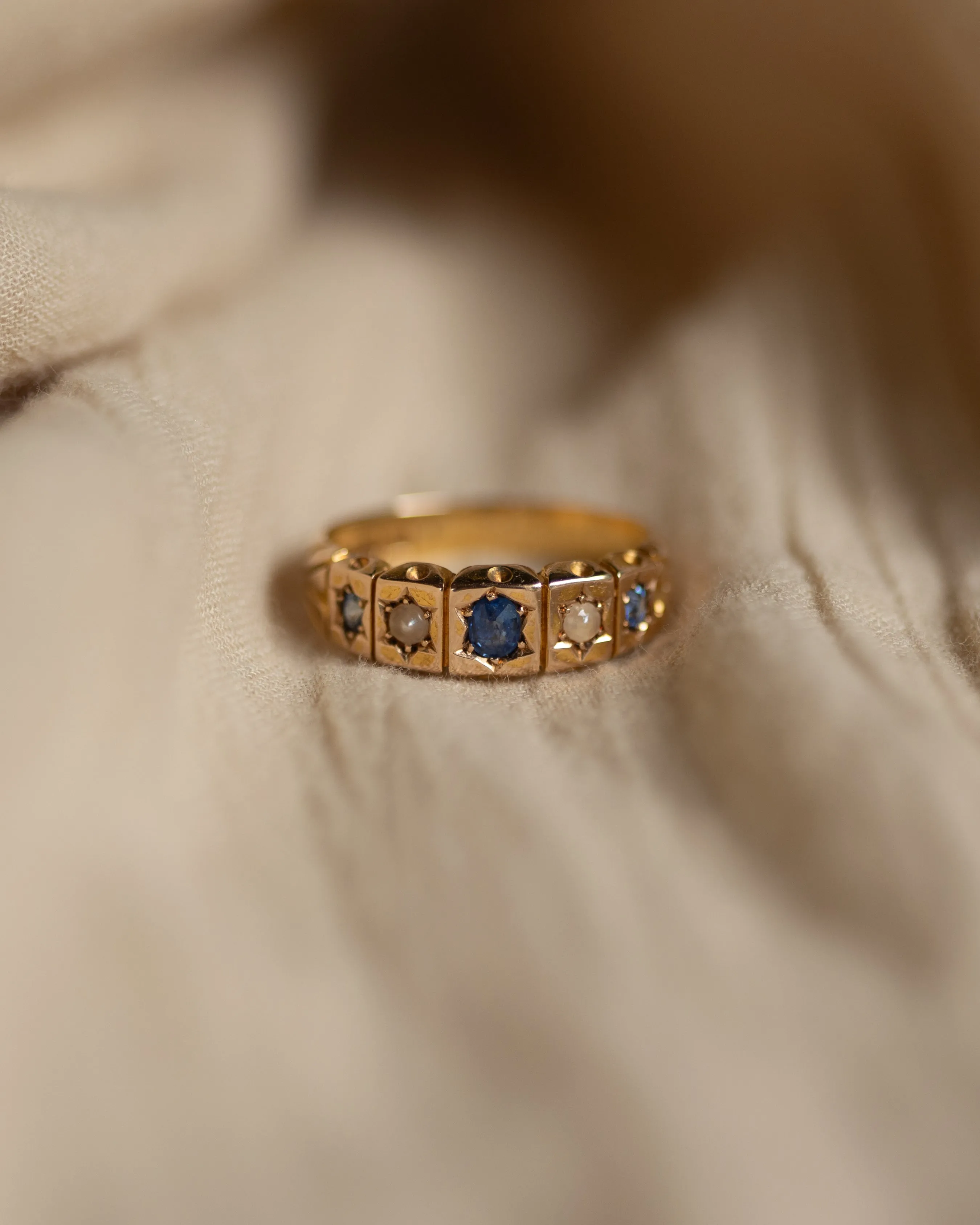 Audrey 1894 Antique 15ct Gold Sapphire & Pearl Five Stone Ring sold by Rock n Rose product image thumbnail 3
