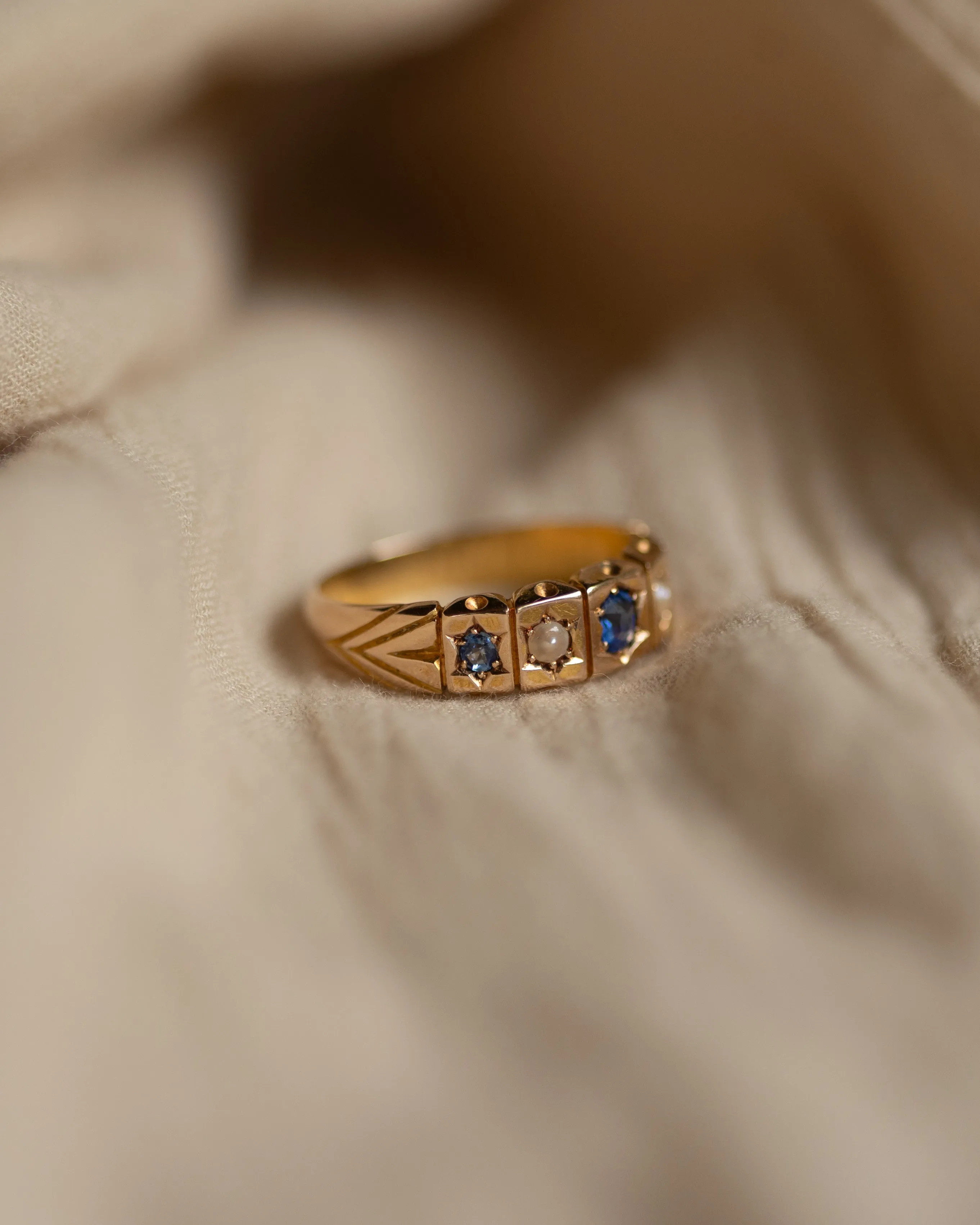 Audrey 1894 Antique 15ct Gold Sapphire & Pearl Five Stone Ring sold by Rock n Rose product image thumbnail 4