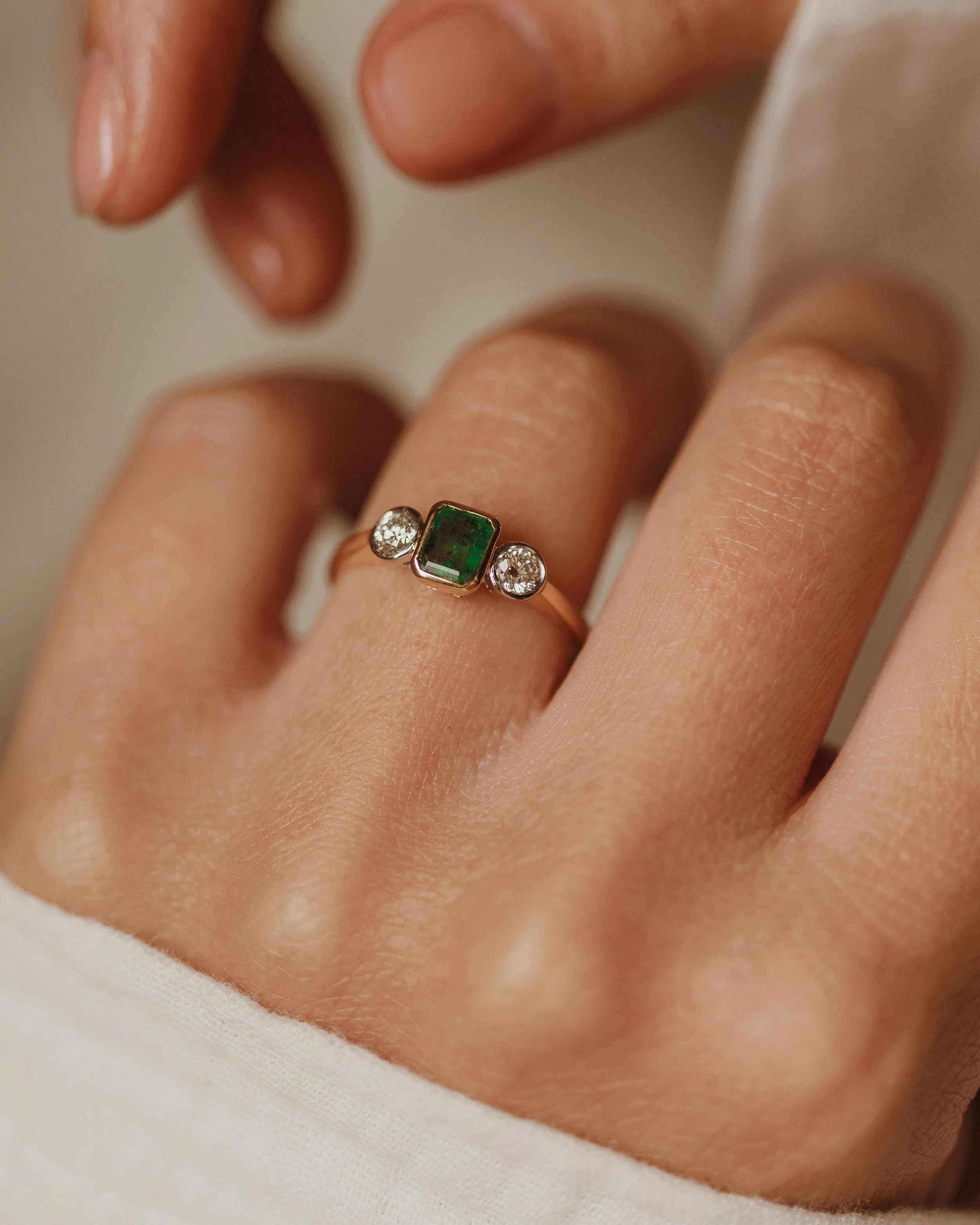 Ethel Vintage 18ct Gold Emerald & Diamond Trilogy Ring sold by Rock n Rose product image thumbnail 2