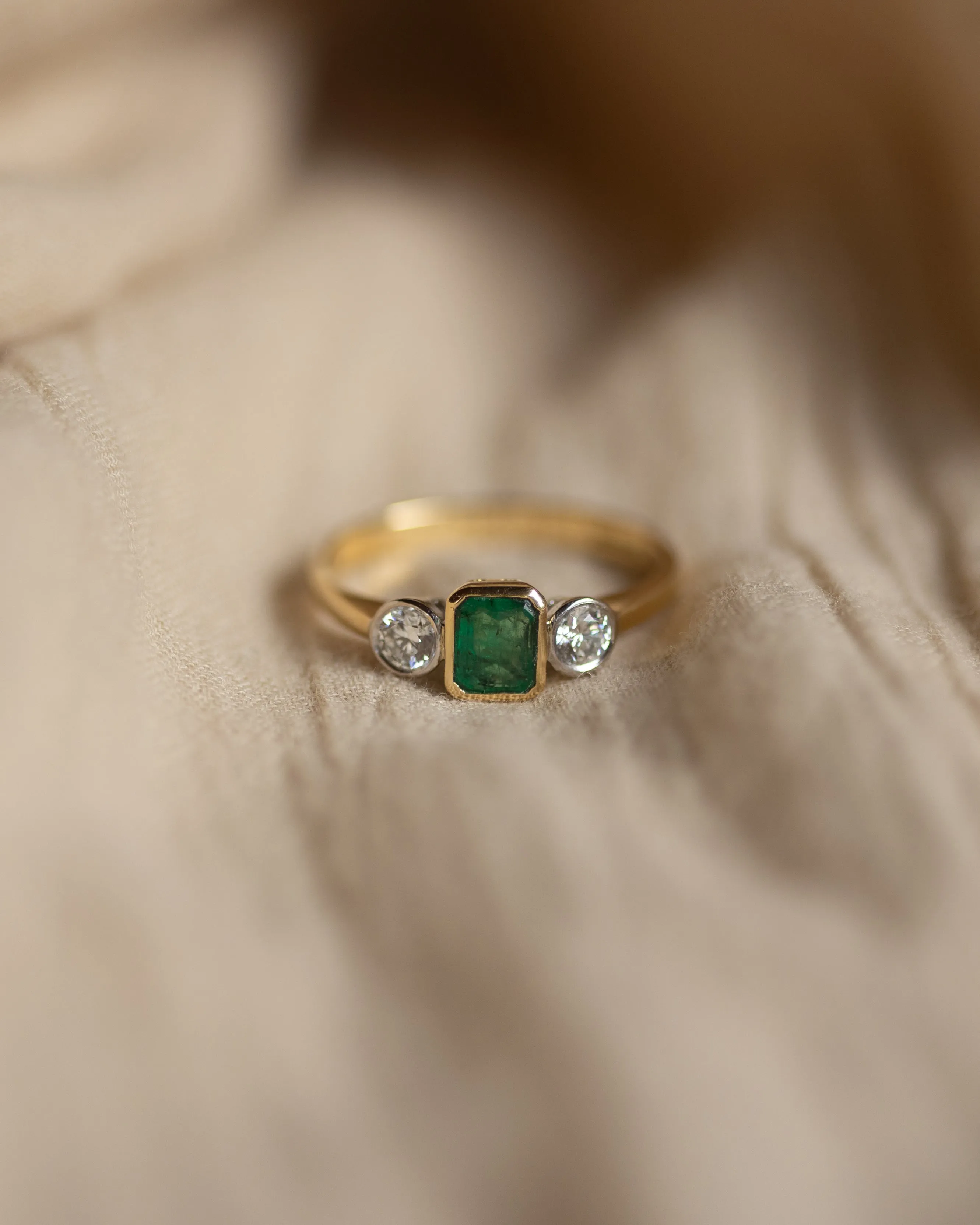 Ethel Vintage 18ct Gold Emerald & Diamond Trilogy Ring sold by Rock n Rose