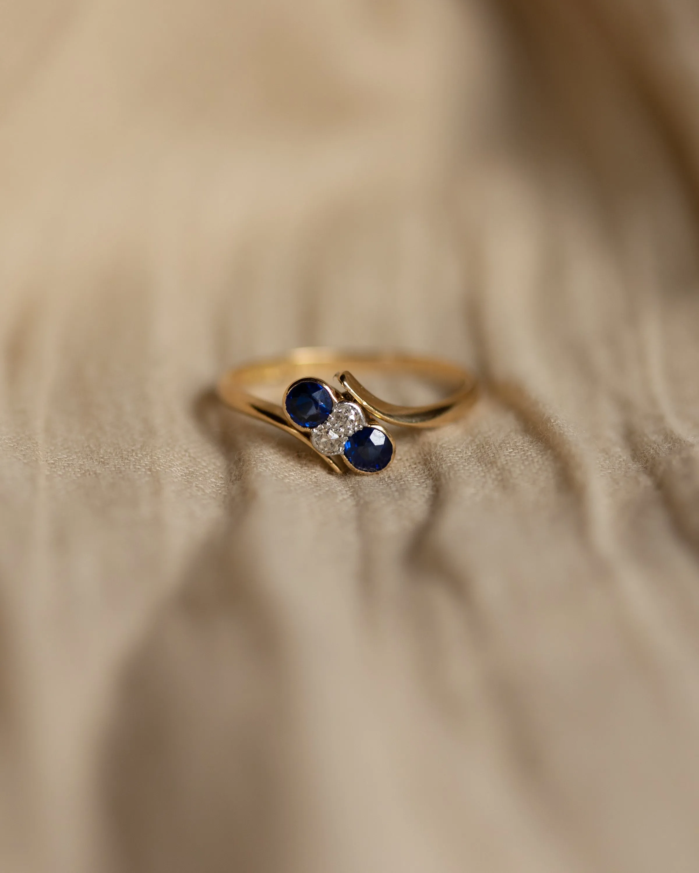 Prunella Antique Art Deco 18ct Gold Sapphire & Diamond Crossover Ring sold by Rock n Rose product image thumbnail 3