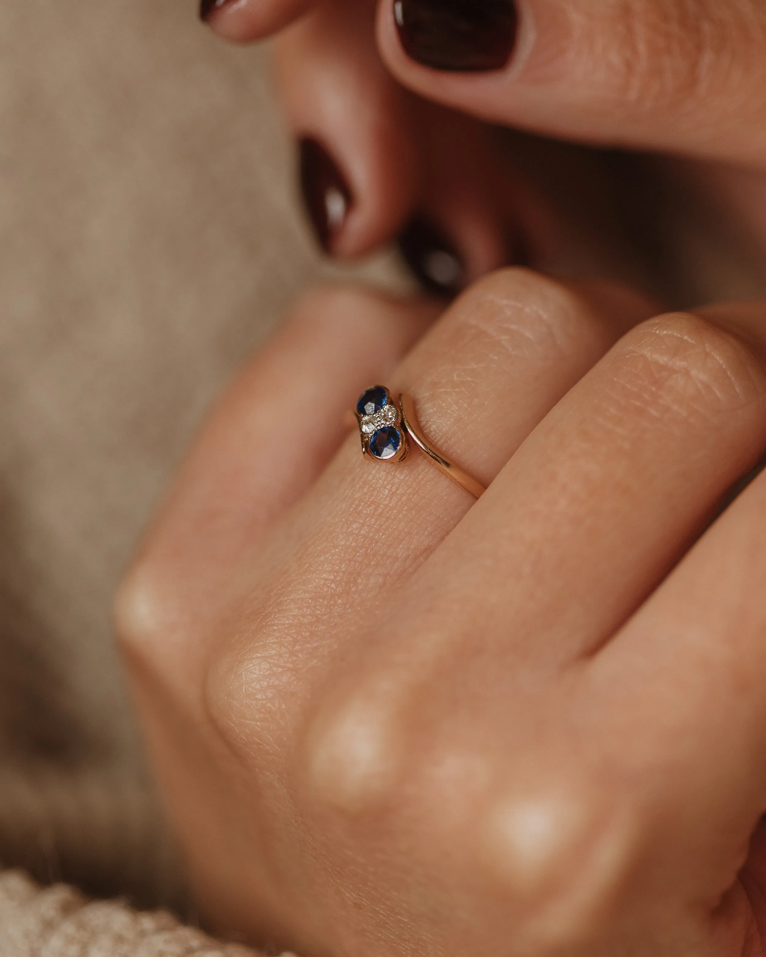 Prunella Antique Art Deco 18ct Gold Sapphire & Diamond Crossover Ring sold by Rock n Rose product image thumbnail 2