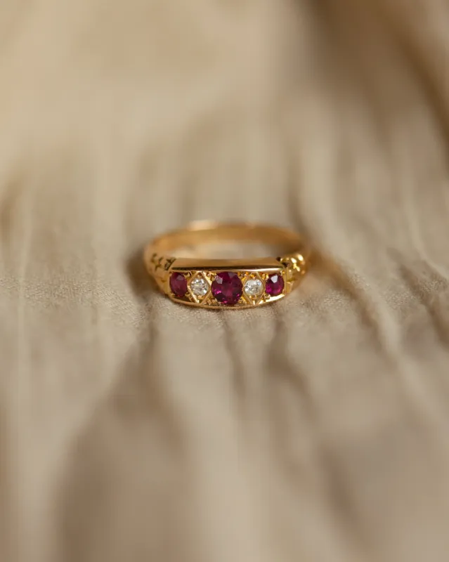 Flora 1911 Antique 18ct Gold Ruby & Diamond Five Stone Ring sold by Rock n Rose