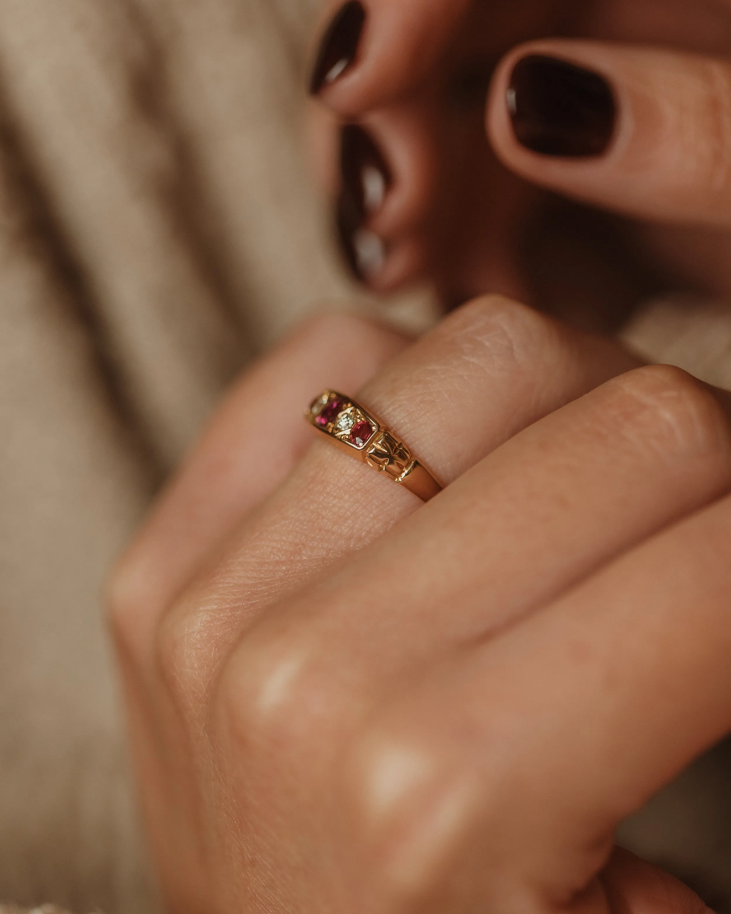 Flora 1911 Antique 18ct Gold Ruby & Diamond Five Stone Ring sold by Rock n Rose product image thumbnail 3