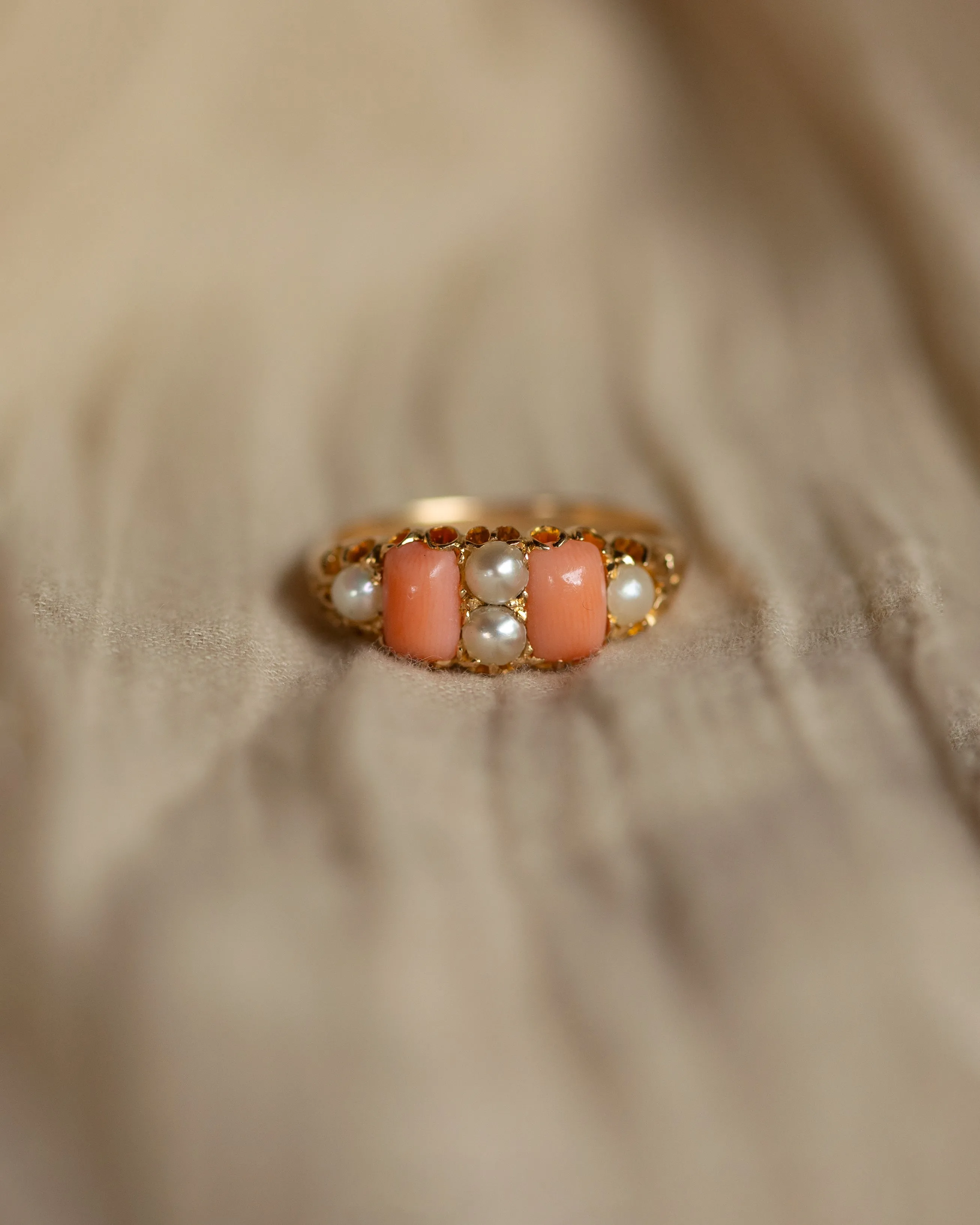 Rosamund Antique 18ct Gold Coral & Pearl Six Stone Ring sold by Rock n Rose product image thumbnail 3