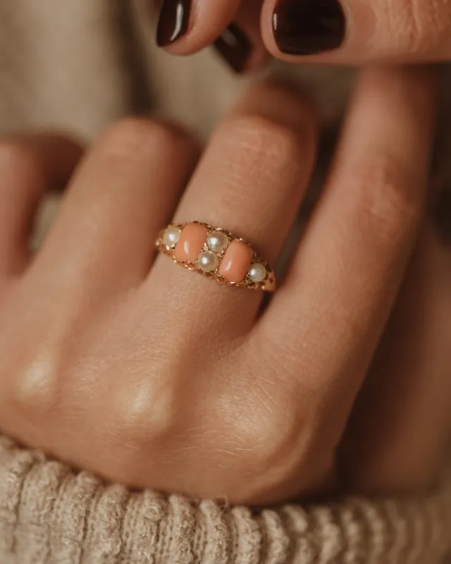 Rosamund Antique 18ct Gold Coral & Pearl Six Stone Ring sold by Rock n Rose