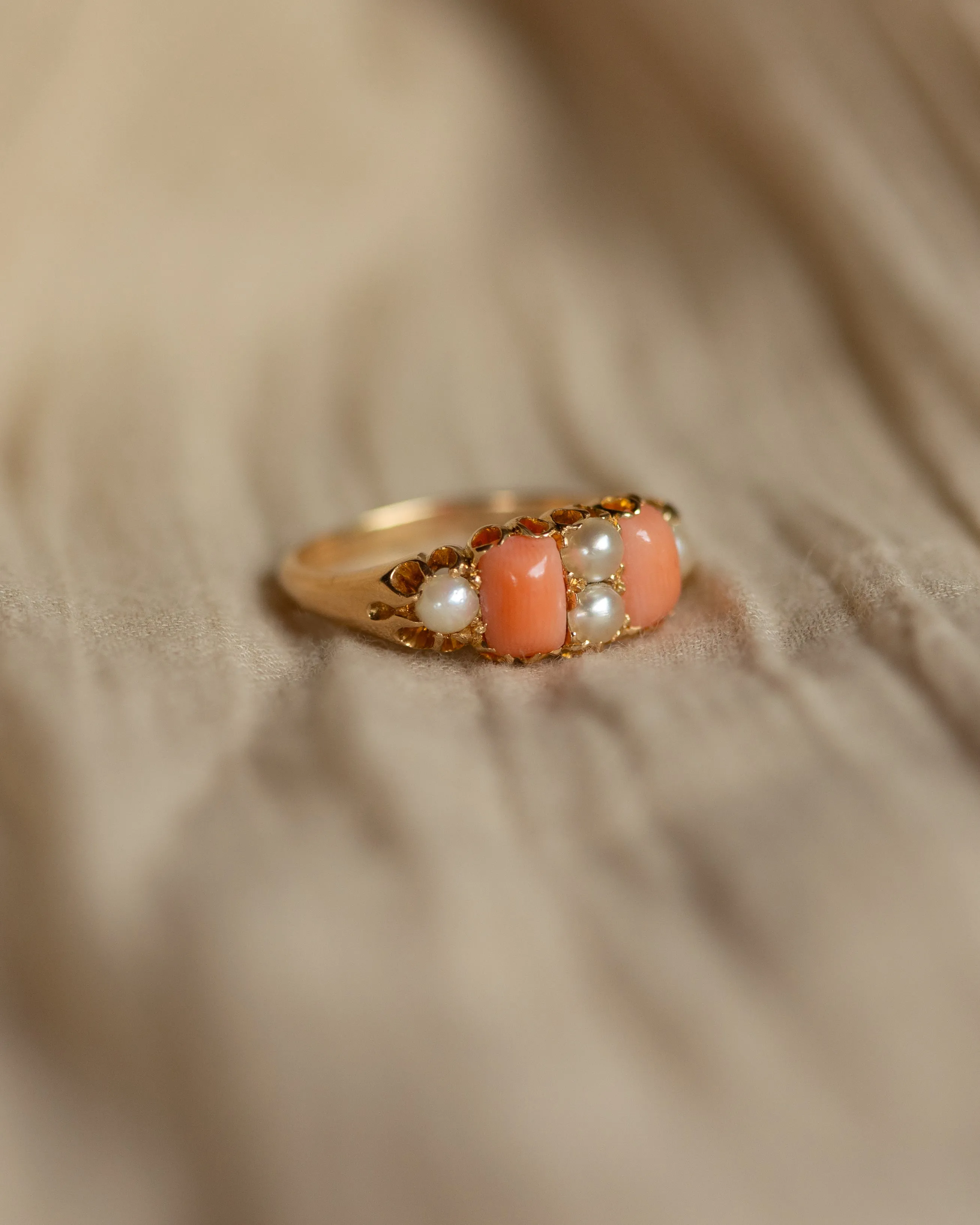 Rosamund Antique 18ct Gold Coral & Pearl Six Stone Ring sold by Rock n Rose product image thumbnail 4