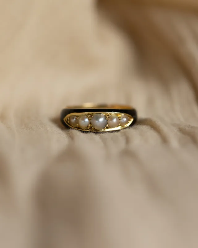 Virginia 1888 Antique Victorian 18ct Gold Pearl & Enamel Five Stone Ring made by Rock n Rose