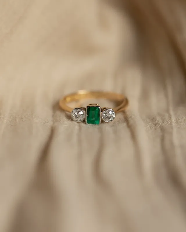 Norah Antique 18ct Gold Emerald & Diamond Trilogy Ring sold by Rock n Rose