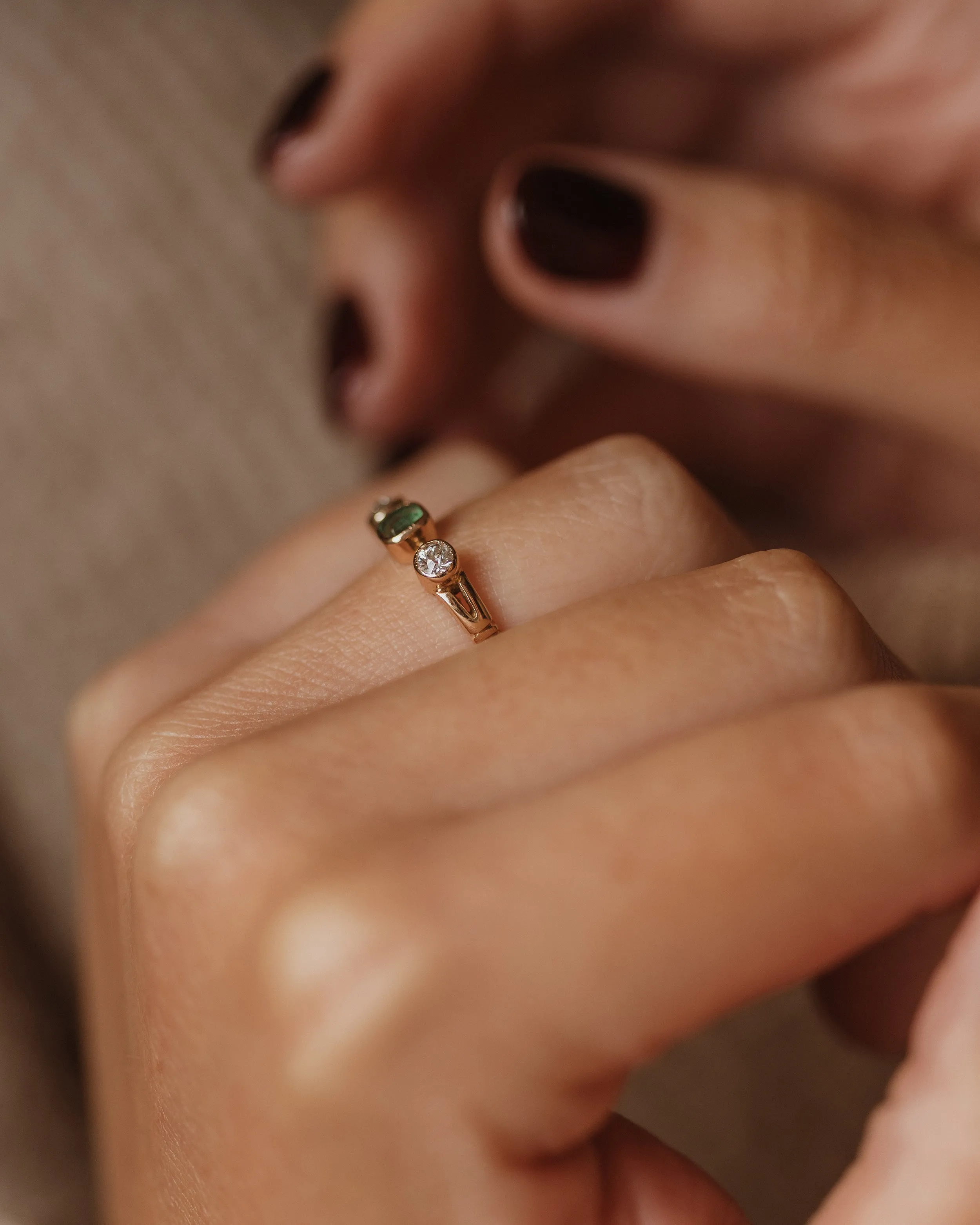 Alfreda 1911 Antique 18ct Gold Emerald & Diamond Trilogy Ring sold by Rock n Rose product image thumbnail 2