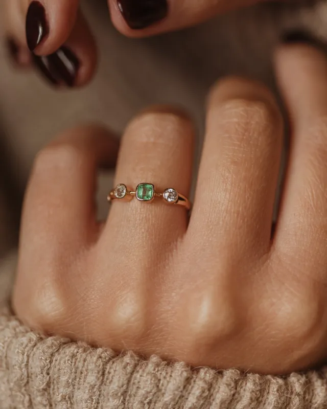 Alfreda 1911 Antique 18ct Gold Emerald & Diamond Trilogy Ring sold by Rock n Rose