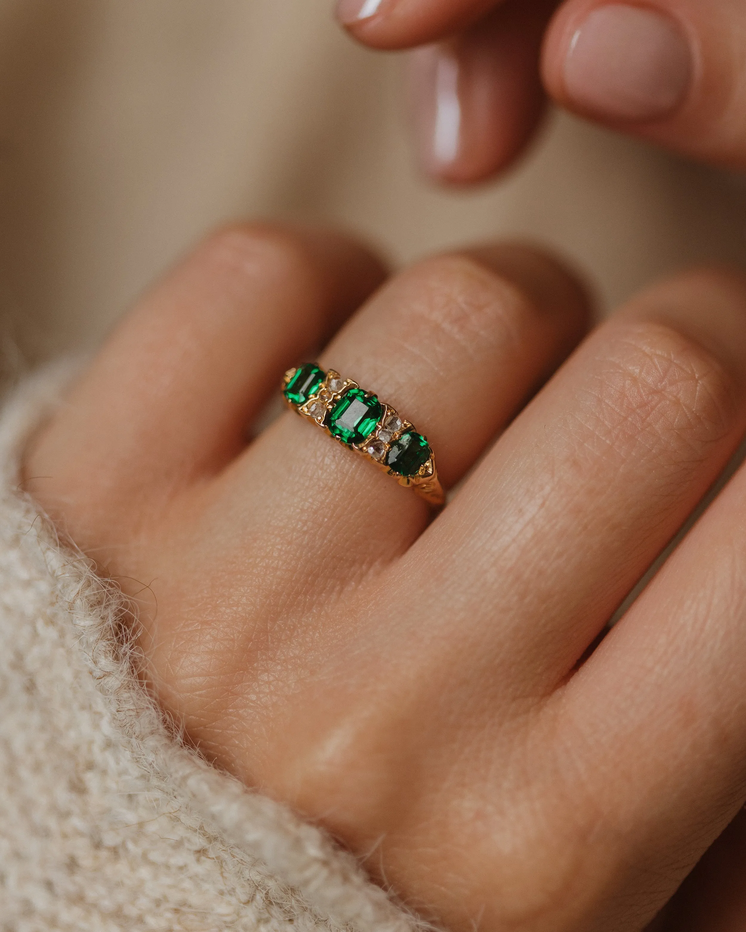 Regina 1903 Antique 18ct Gold Green Paste & Diamond Trilogy Ring sold by Rock n Rose