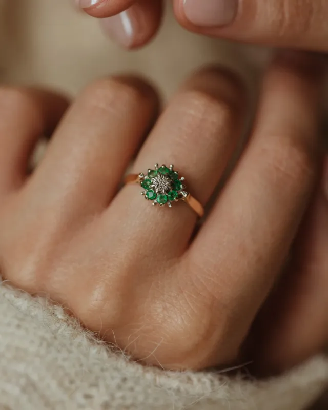 Harriet 1979 Vintage 9ct Gold Emerald & Diamond Cluster Ring sold by Rock n Rose