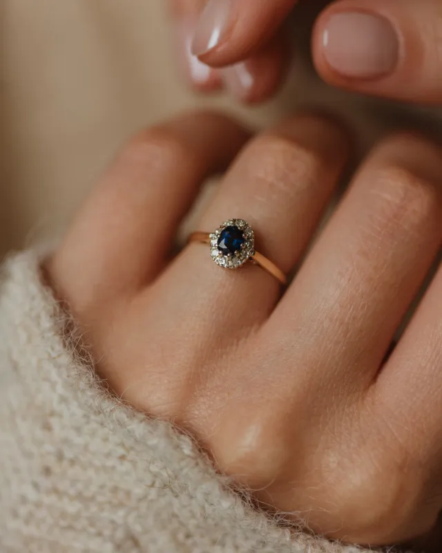 Charlotte 1982 Vintage 9ct Gold Sapphire & Diamond Cluster Ring sold by Rock n Rose