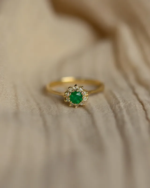 Rosette 1982 Vintage 18ct Gold Emerald & Diamond Cluster Ring sold by Rock n Rose