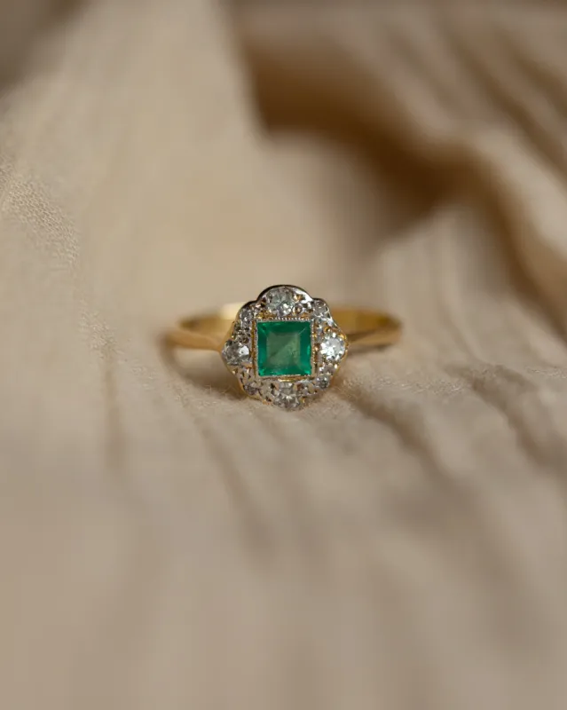 Antonella Antique Art Deco 18ct Gold Emerald & Diamond Cluster Ring sold by Rock n Rose