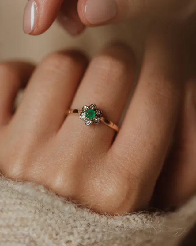 Corrine Vintage 18ct Gold Emerald & Diamond Daisy Cluster Ring sold by Rock n Rose