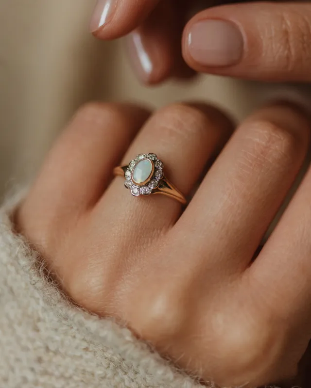 Adelina Vintage 9ct Gold Opal & Diamond Daisy Cluster Ring sold by Rock n Rose