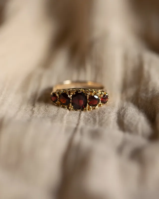 Nancy Vintage 9ct Gold Five Stone Garnet Ring sold by Rock n Rose
