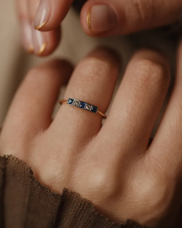 Vera Antique Art Deco 18ct Gold Sapphire & Diamond Five Stone Ring sold by Rock n Rose