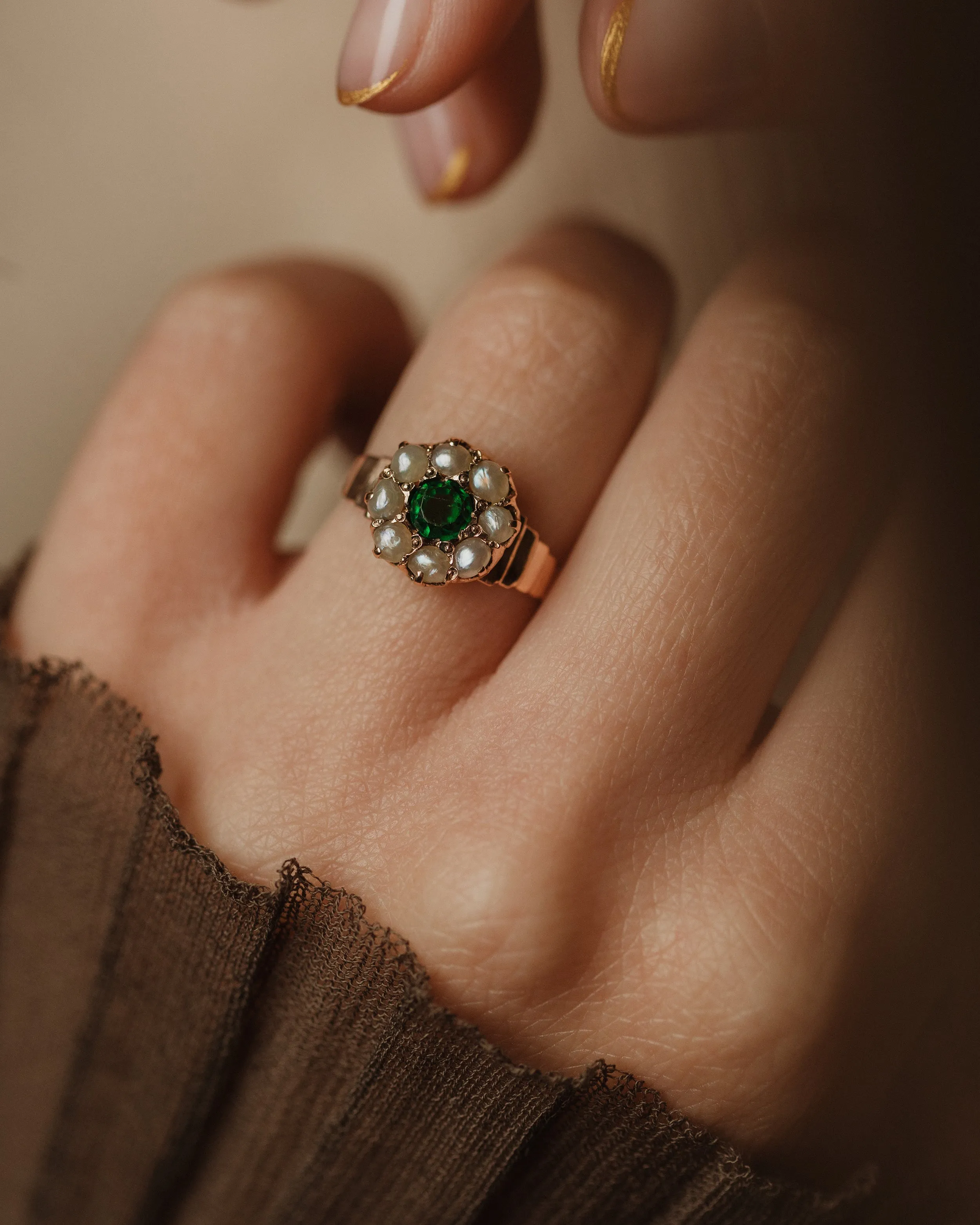 Lottie Antique 9ct Gold Green Paste & Pearl Cluster Ring sold by Rock n Rose