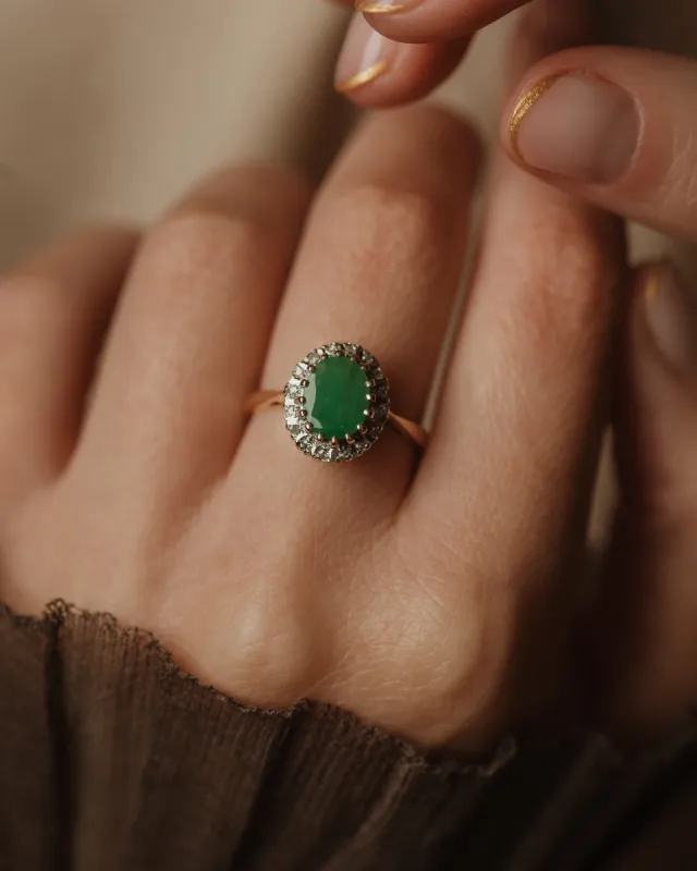 Camille 1985 Vintage 9ct Gold Emerald & Diamond Cluster Ring sold by Rock n Rose