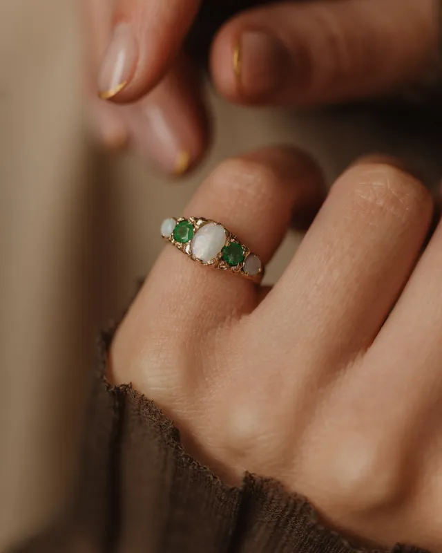 Bertha 1975 Vintage 9ct Gold Opal & Emerald Five Stone Ring sold by Rock n Rose