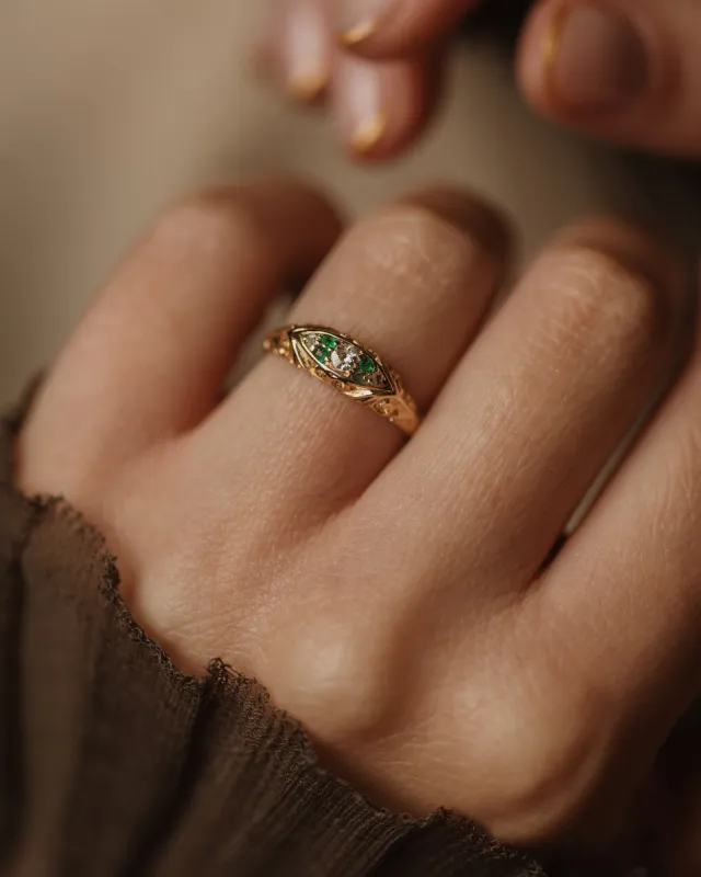 Guinevere 1915 Antique 18ct Gold Emerald & Diamond Ring sold by Rock n Rose