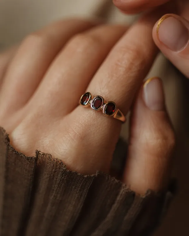 Betina Antique 9ct Gold Garnet Trilogy Ring sold by Rock n Rose