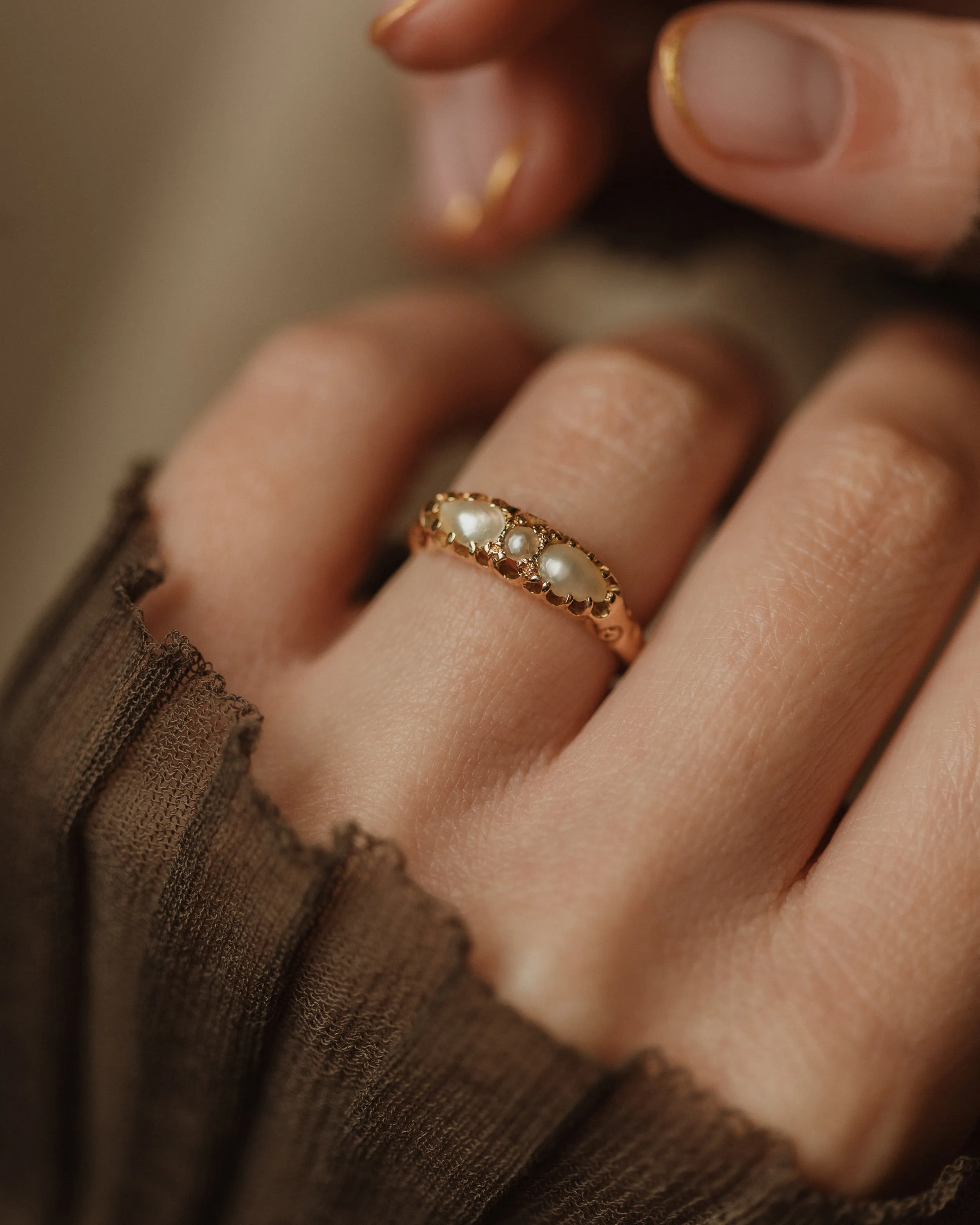 Lavinia Antique 18ct Gold Pearl Trilogy Ring sold by Rock n Rose