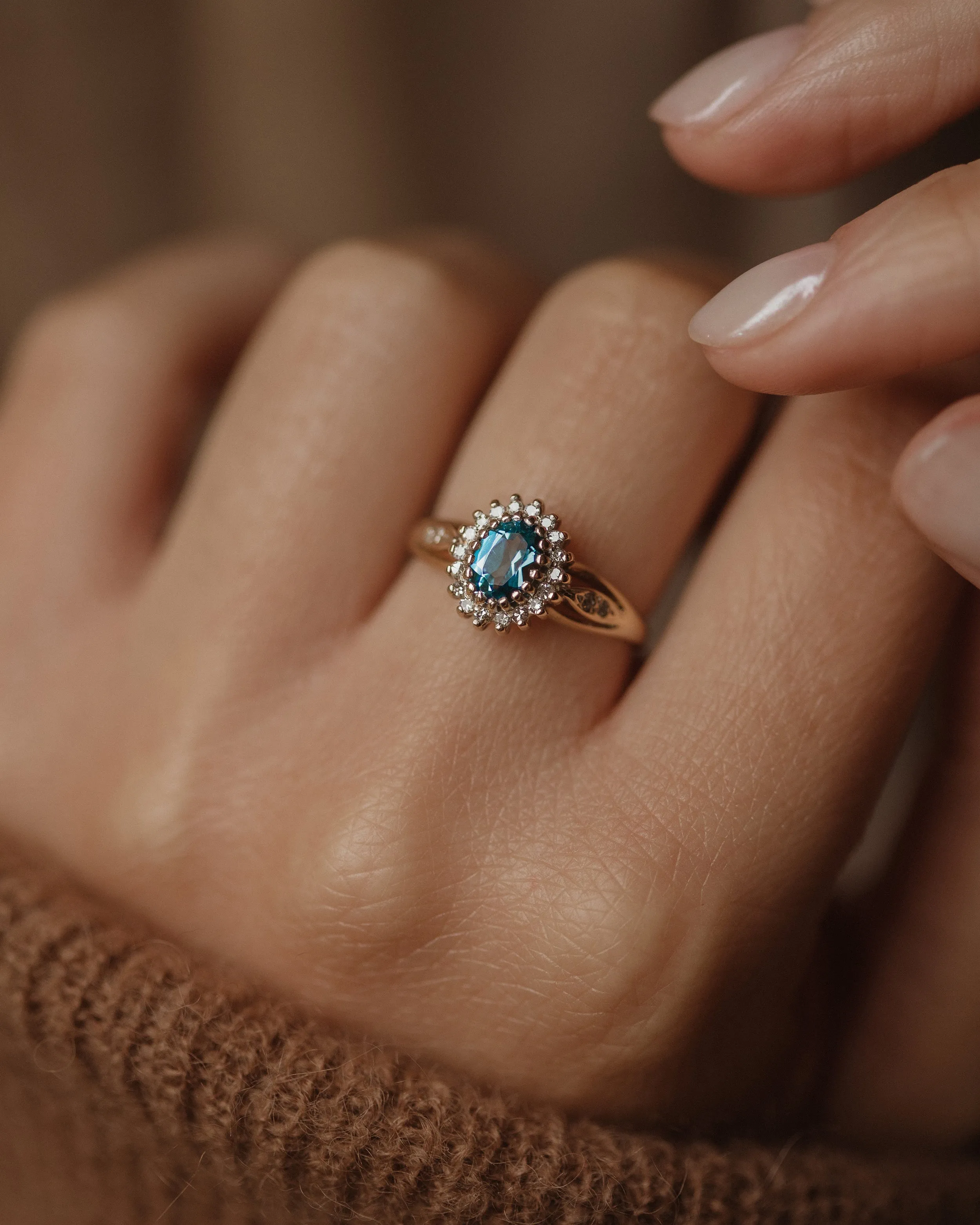 Laverne 1989 Vintage 9ct Gold Aquamarine & Diamond Cluster Ring sold by Rock n Rose