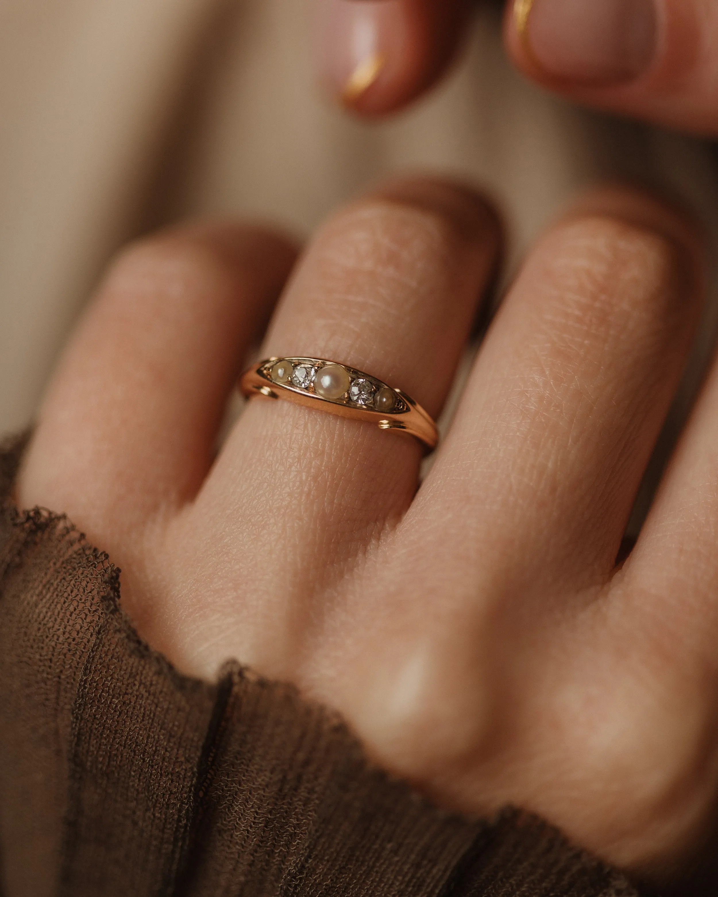 Lillie Antique 18ct Gold Pearl & Diamond Five Stone Ring sold by Rock n Rose