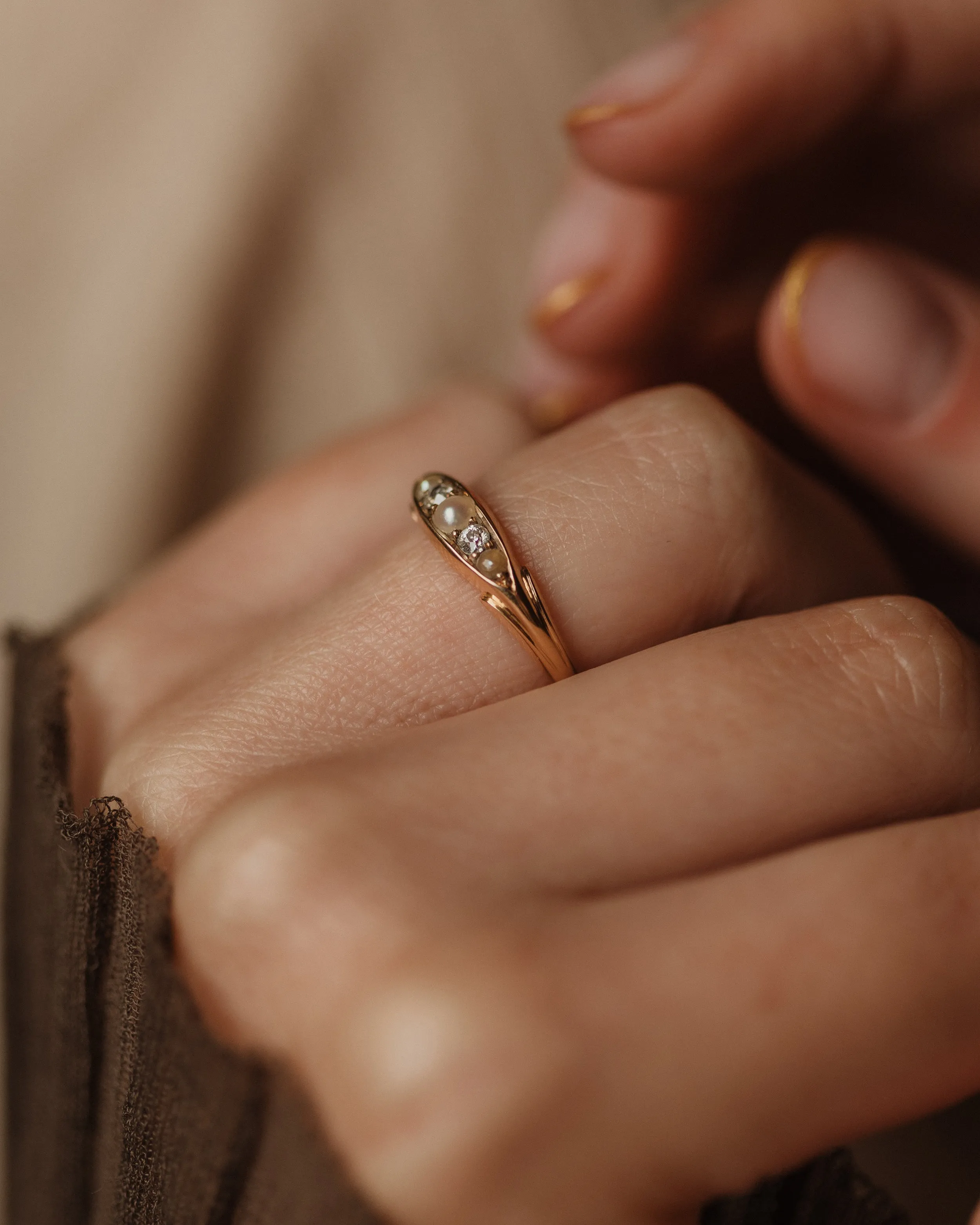 Lillie Antique 18ct Gold Pearl & Diamond Five Stone Ring sold by Rock n Rose product image thumbnail 2