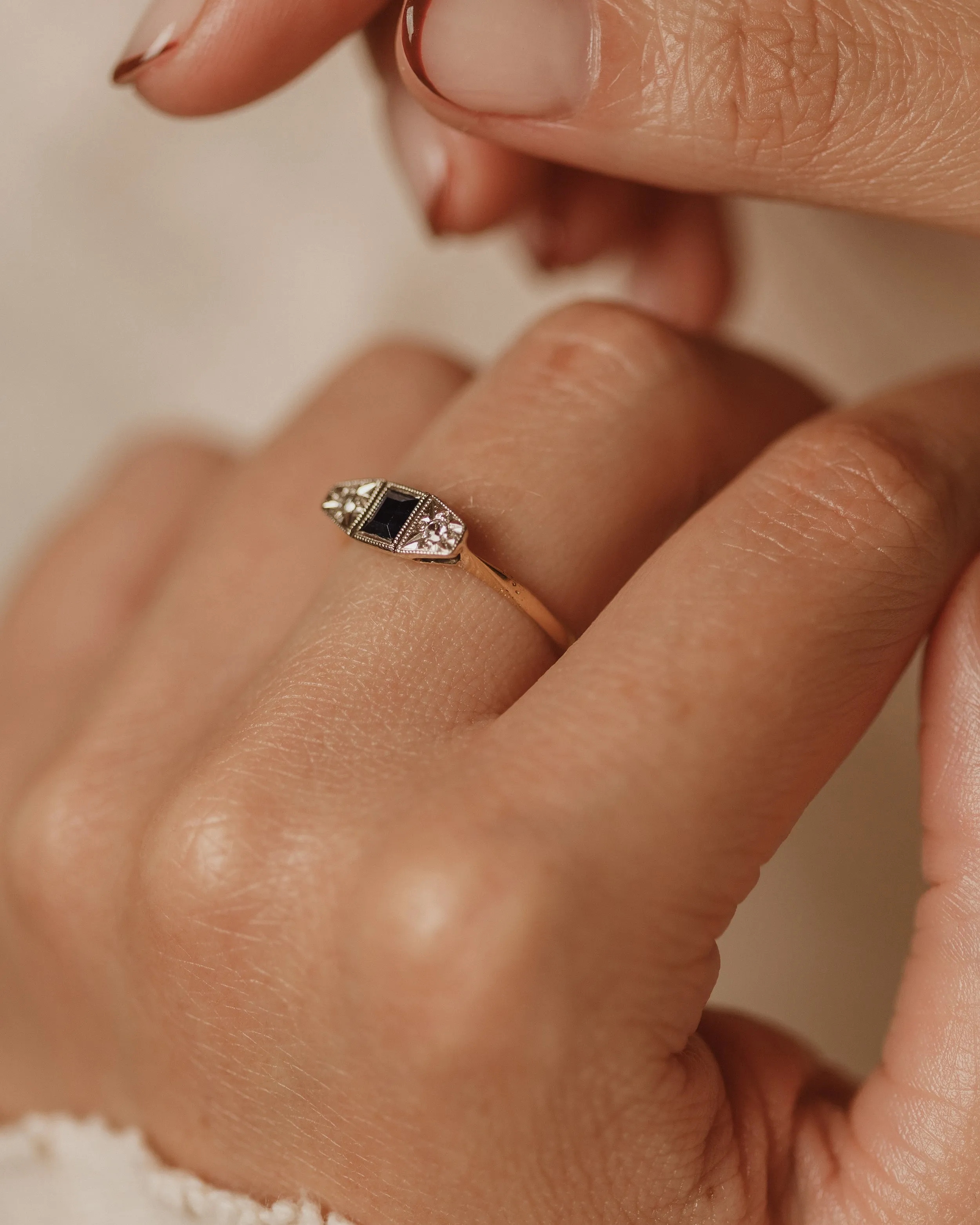 Willow Antique Art Deco 18ct Gold Sapphire & Diamond Trilogy Ring sold by Rock n Rose product image thumbnail 2