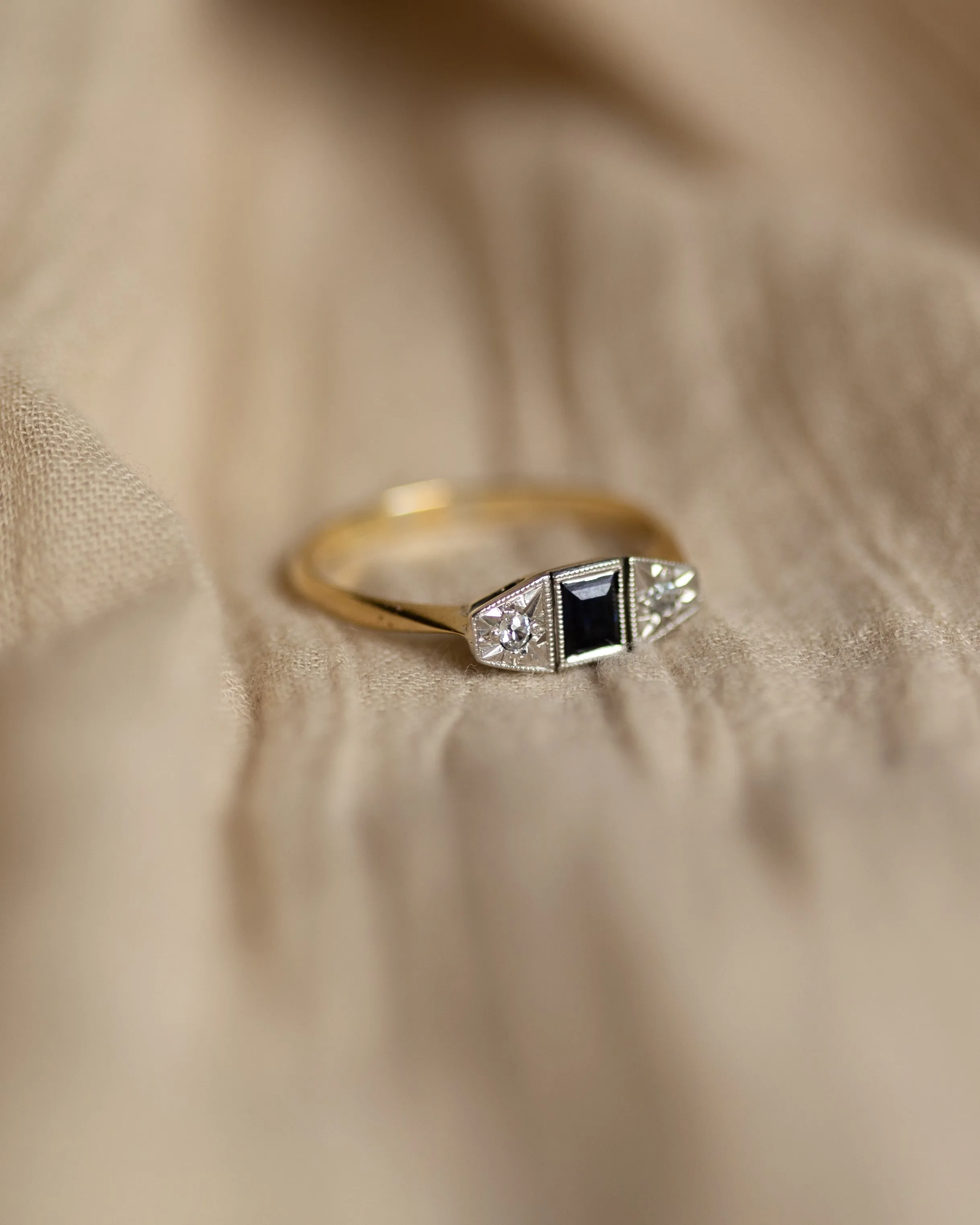 Willow Antique Art Deco 18ct Gold Sapphire & Diamond Trilogy Ring sold by Rock n Rose product image thumbnail 4