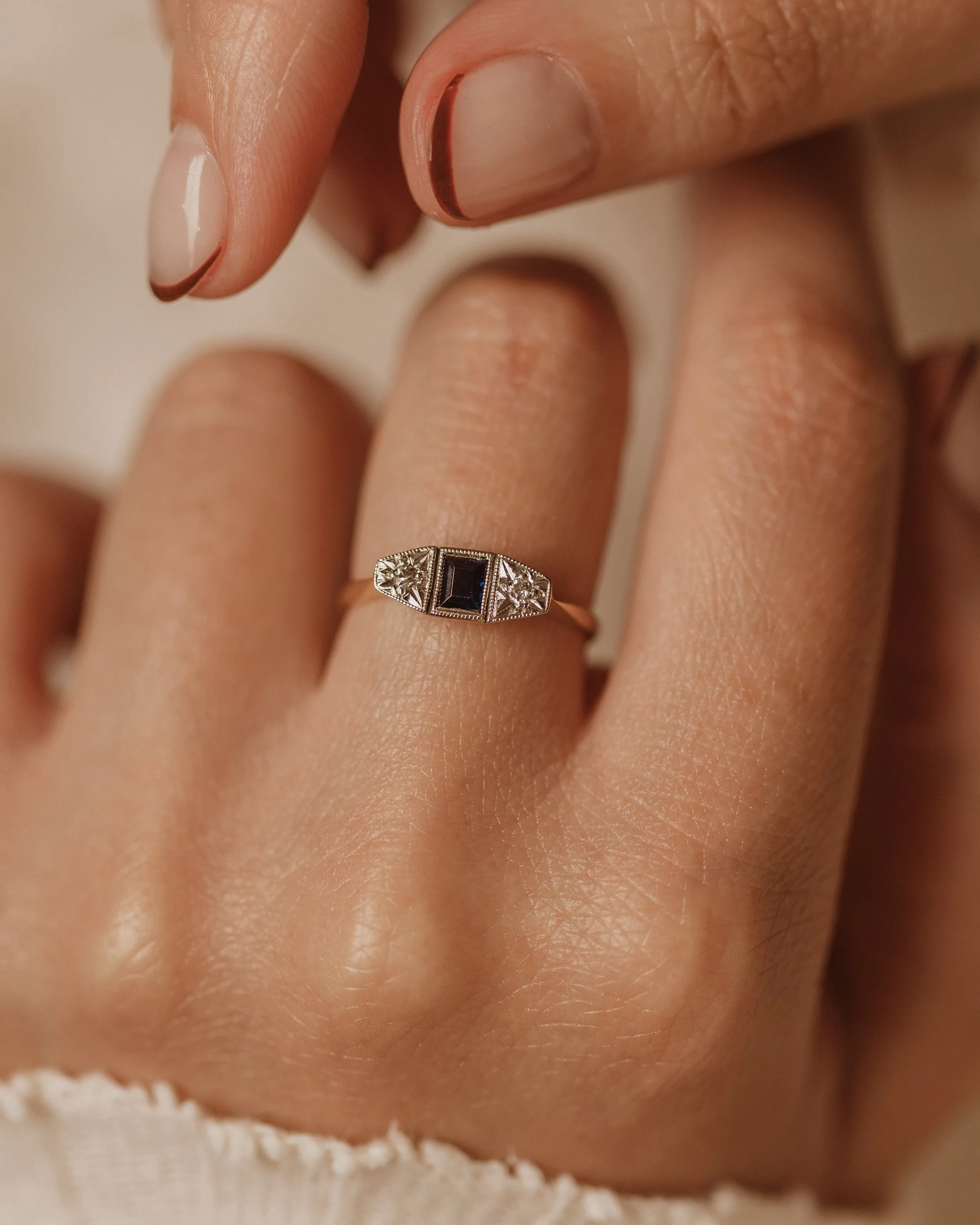 Willow Antique Art Deco 18ct Gold Sapphire & Diamond Trilogy Ring sold by Rock n Rose