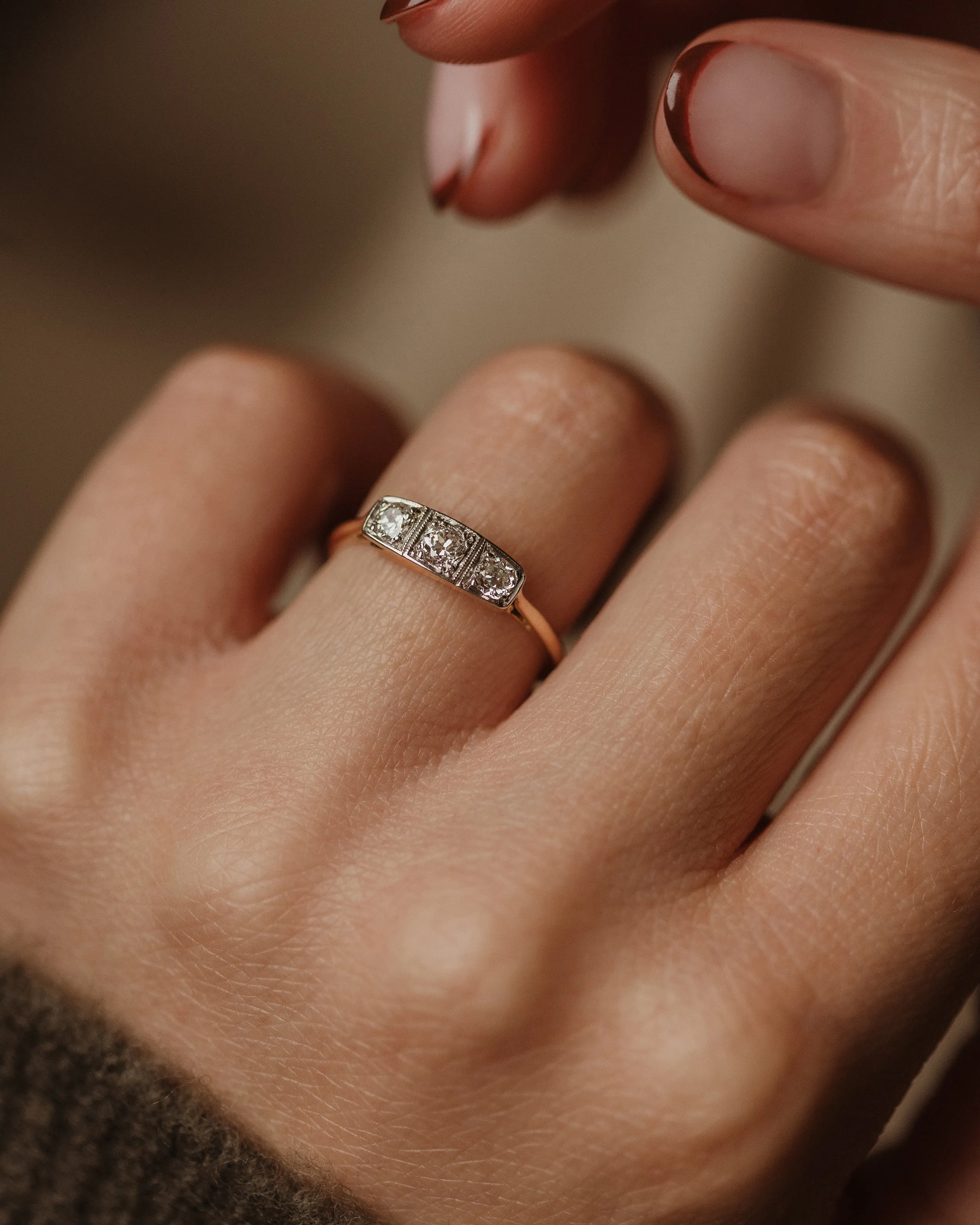 Isobel Antique Art Deco 18ct Gold Diamond Trilogy Ring sold by Rock n Rose