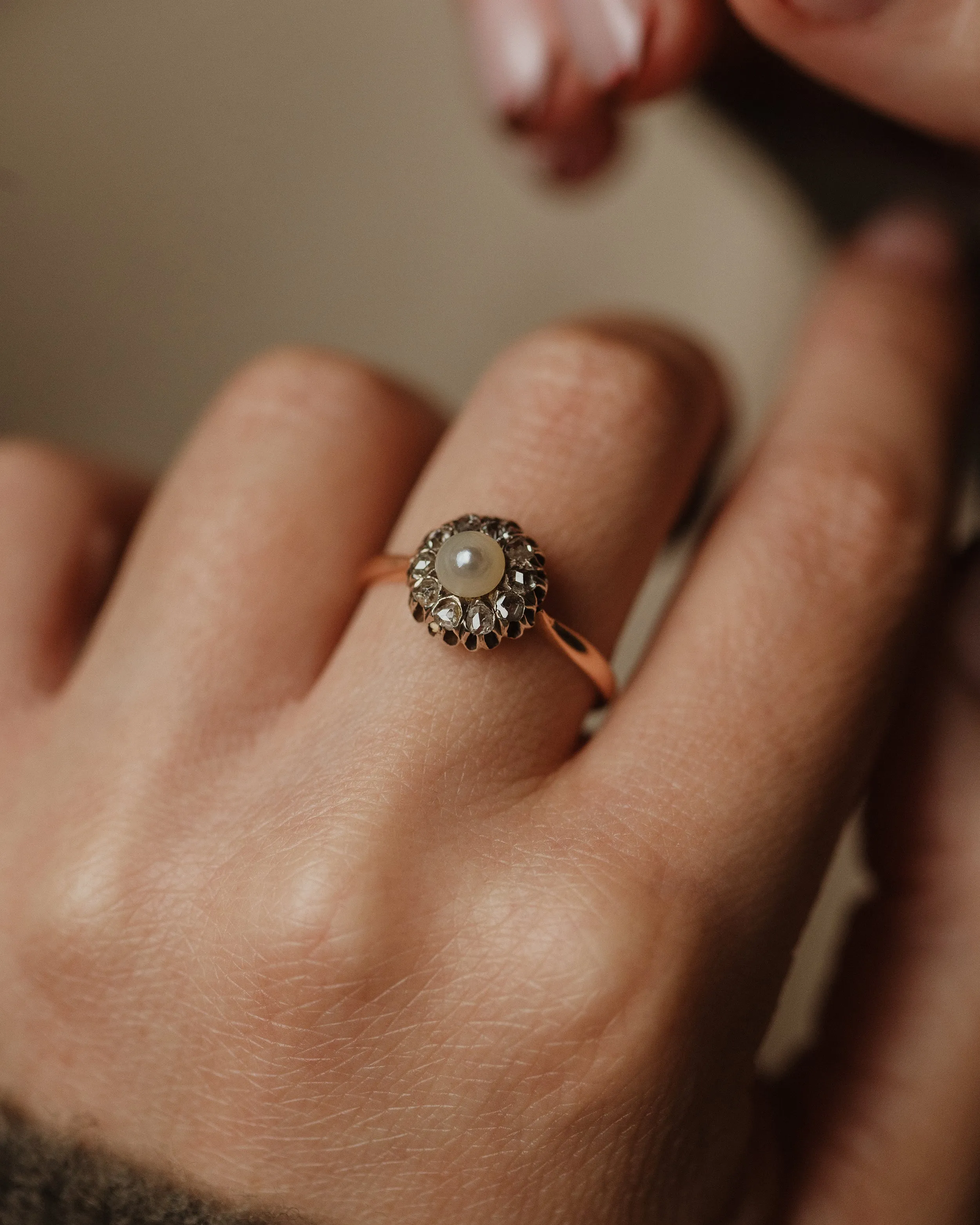 Ethel Antique 14ct Gold Pearl & Diamond Flowerhead Cluster Ring sold by Rock n Rose