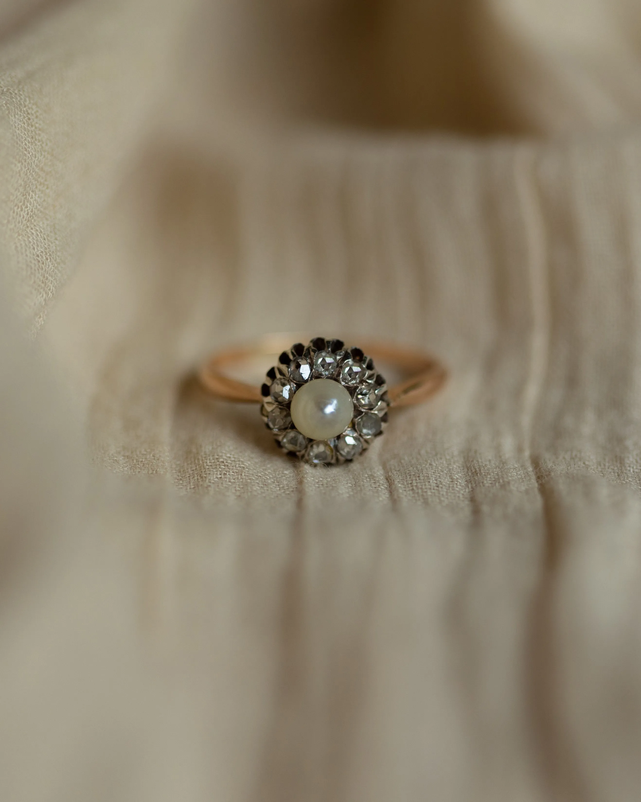 Ethel Antique 14ct Gold Pearl & Diamond Flowerhead Cluster Ring sold by Rock n Rose product image thumbnail 3