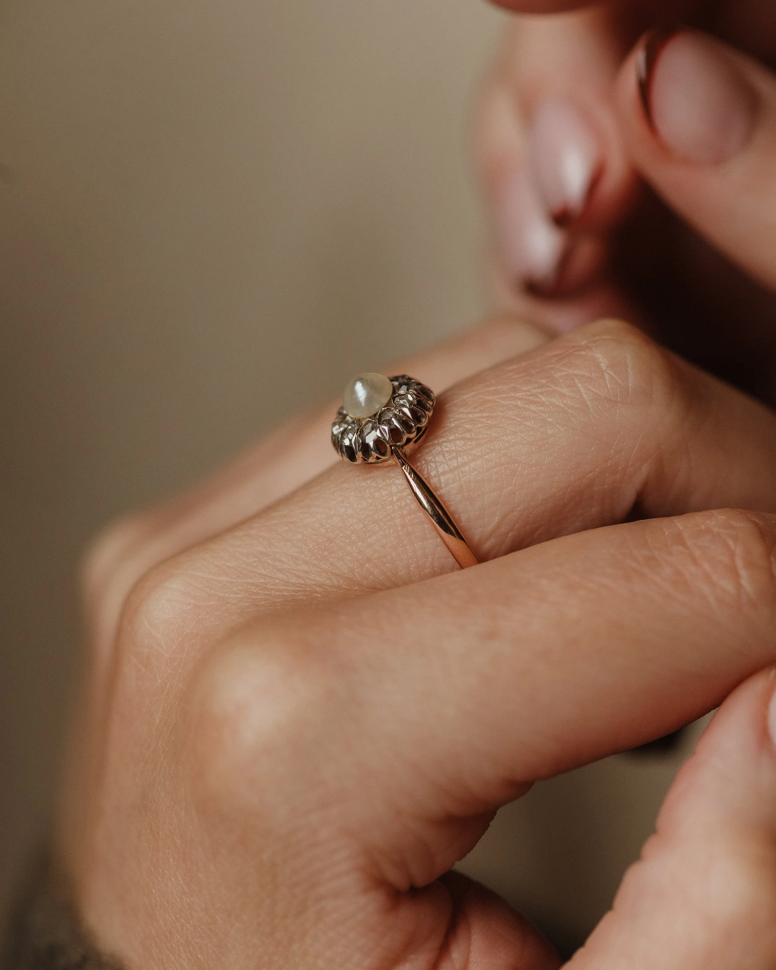Ethel Antique 14ct Gold Pearl & Diamond Flowerhead Cluster Ring sold by Rock n Rose product image thumbnail 2