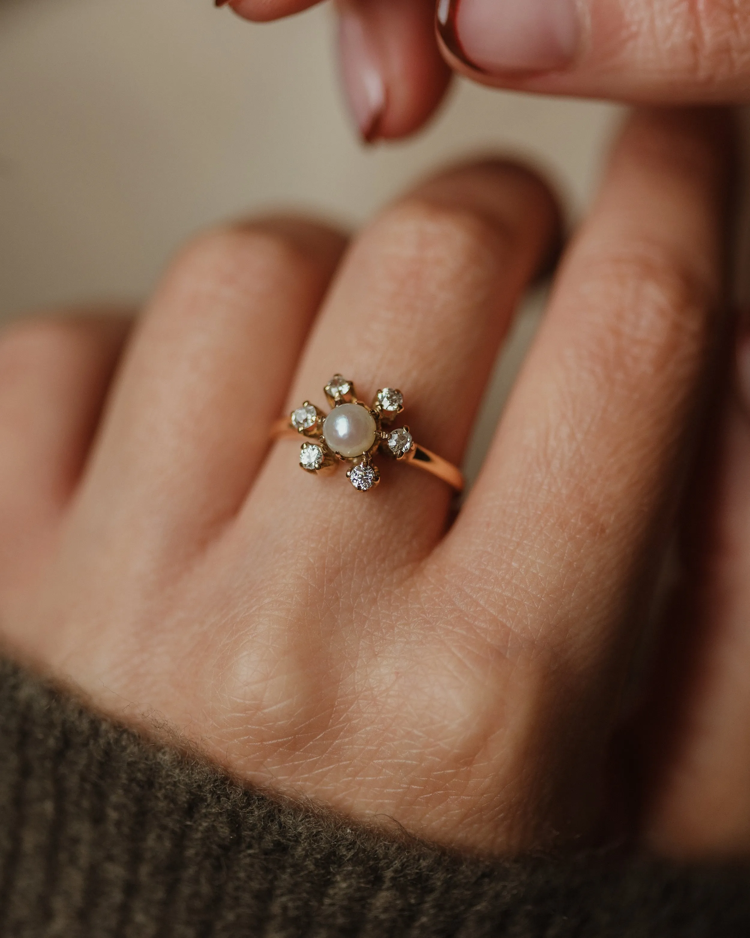 Eugenia Antique 18ct Gold Pearl & Diamond Starburst Cluster Ring sold by Rock n Rose