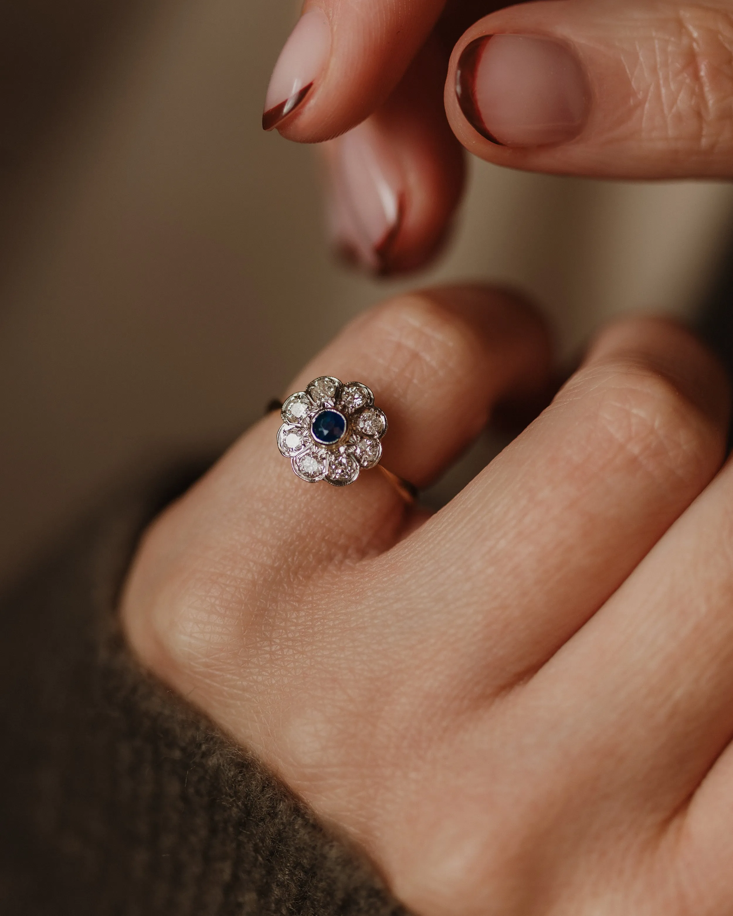 Lucie Antique 18ct Gold Sapphire & Diamond Flowerhead Cluster Ring sold by Rock n Rose