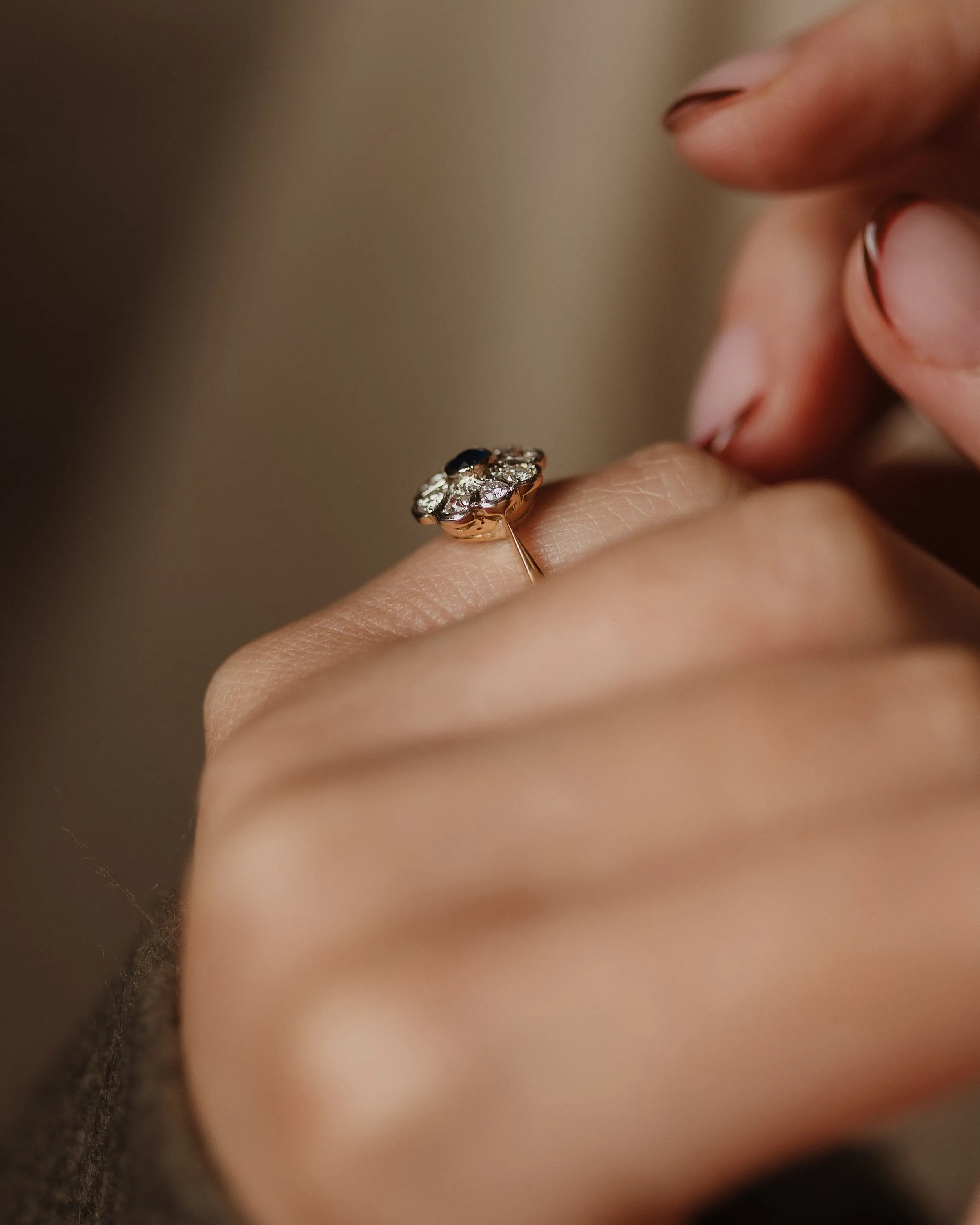 Lucie Antique 18ct Gold Sapphire & Diamond Flowerhead Cluster Ring sold by Rock n Rose product image thumbnail 2