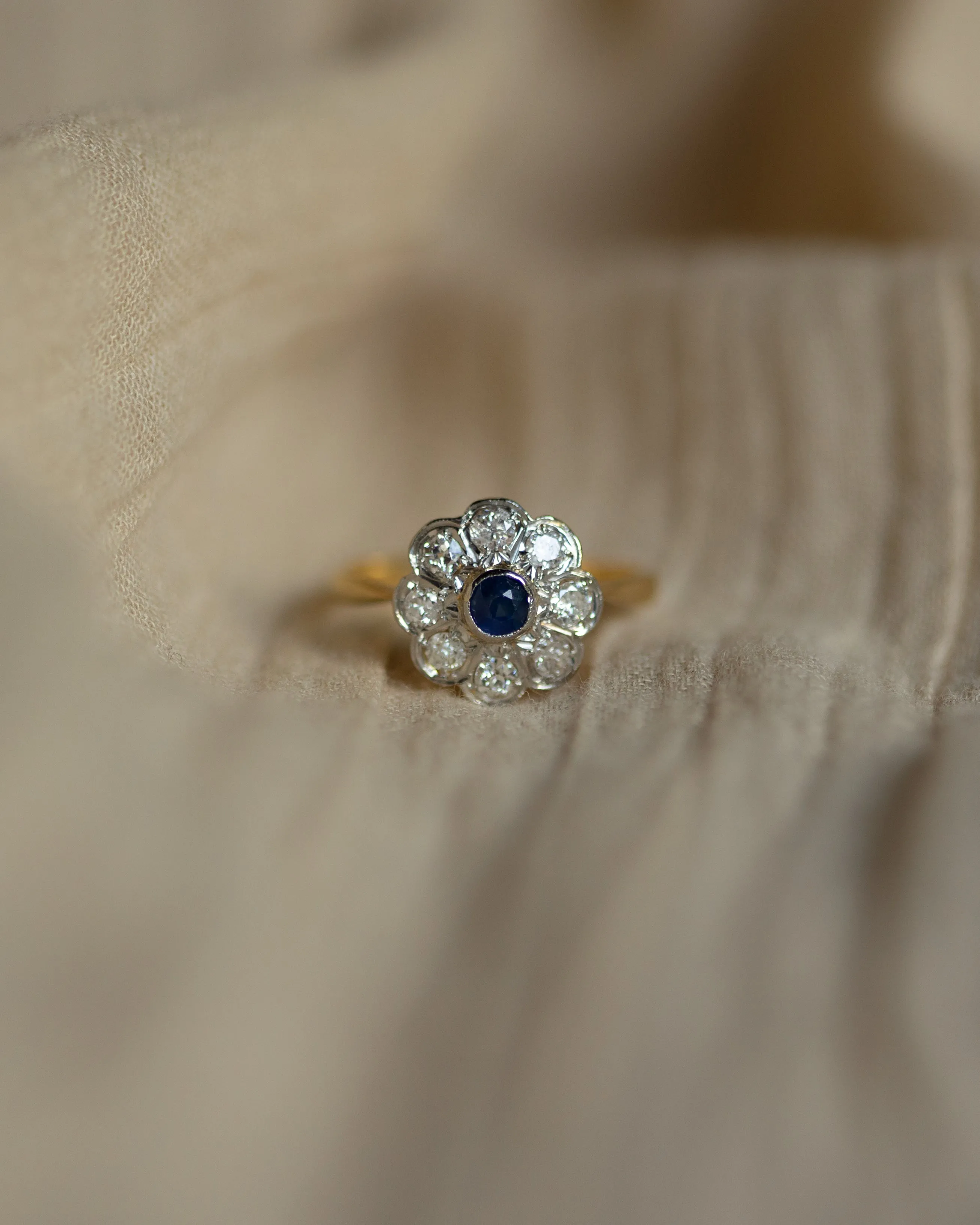 Lucie Antique 18ct Gold Sapphire & Diamond Flowerhead Cluster Ring sold by Rock n Rose product image thumbnail 3