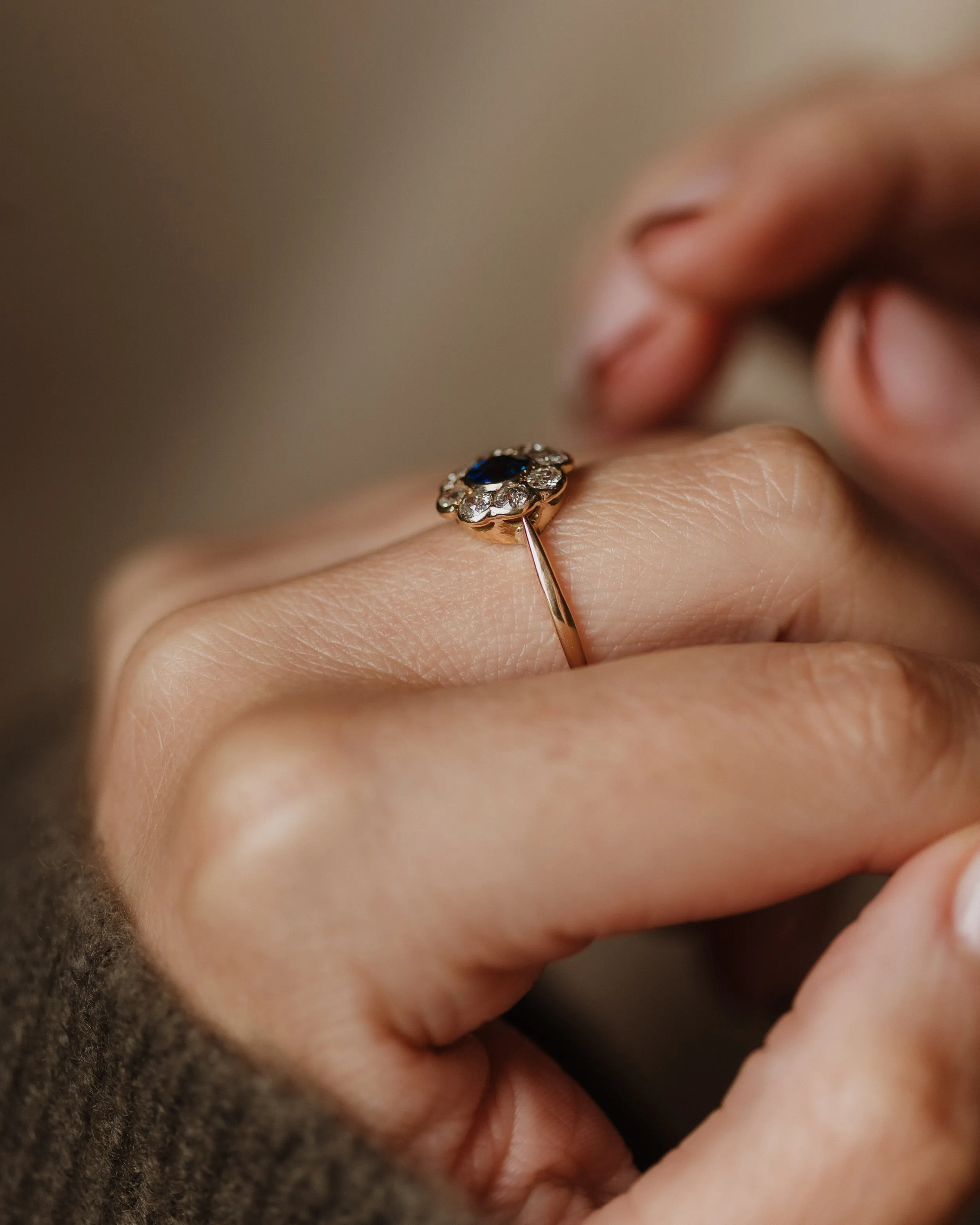 Manon Antique 14ct Gold Sapphire & Diamond Flowerhead Cluster Ring sold by Rock n Rose product image thumbnail 2