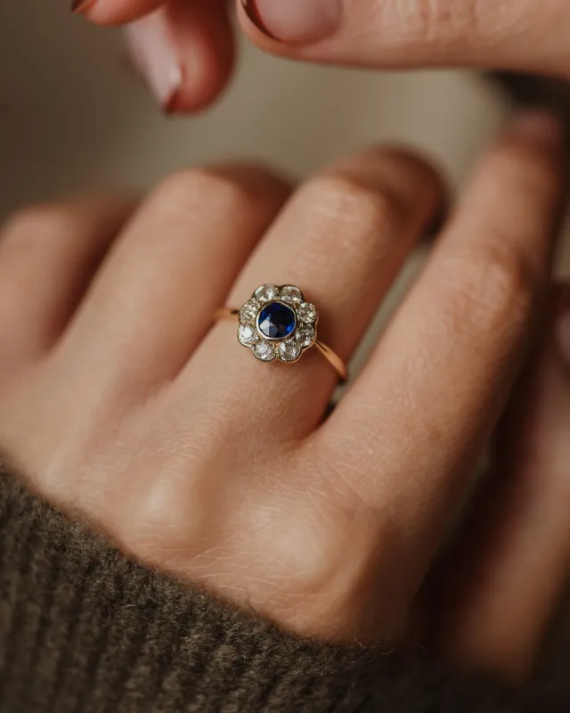 Manon Antique 14ct Gold Sapphire & Diamond Flowerhead Cluster Ring sold by Rock n Rose