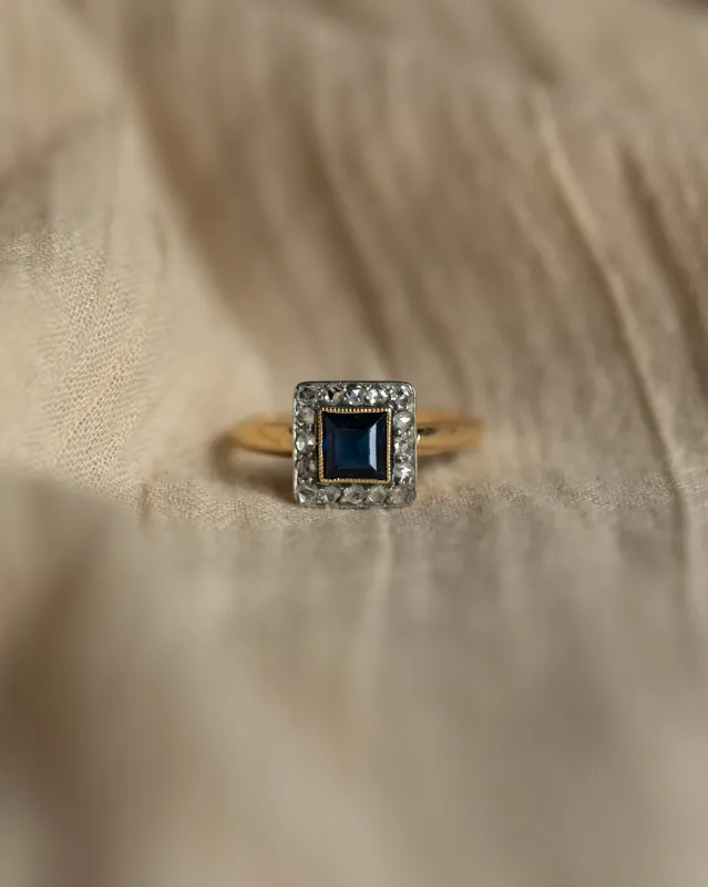 Alexandra Antique 14ct Gold Sapphire & Diamond Square Cluster Ring sold by Rock n Rose