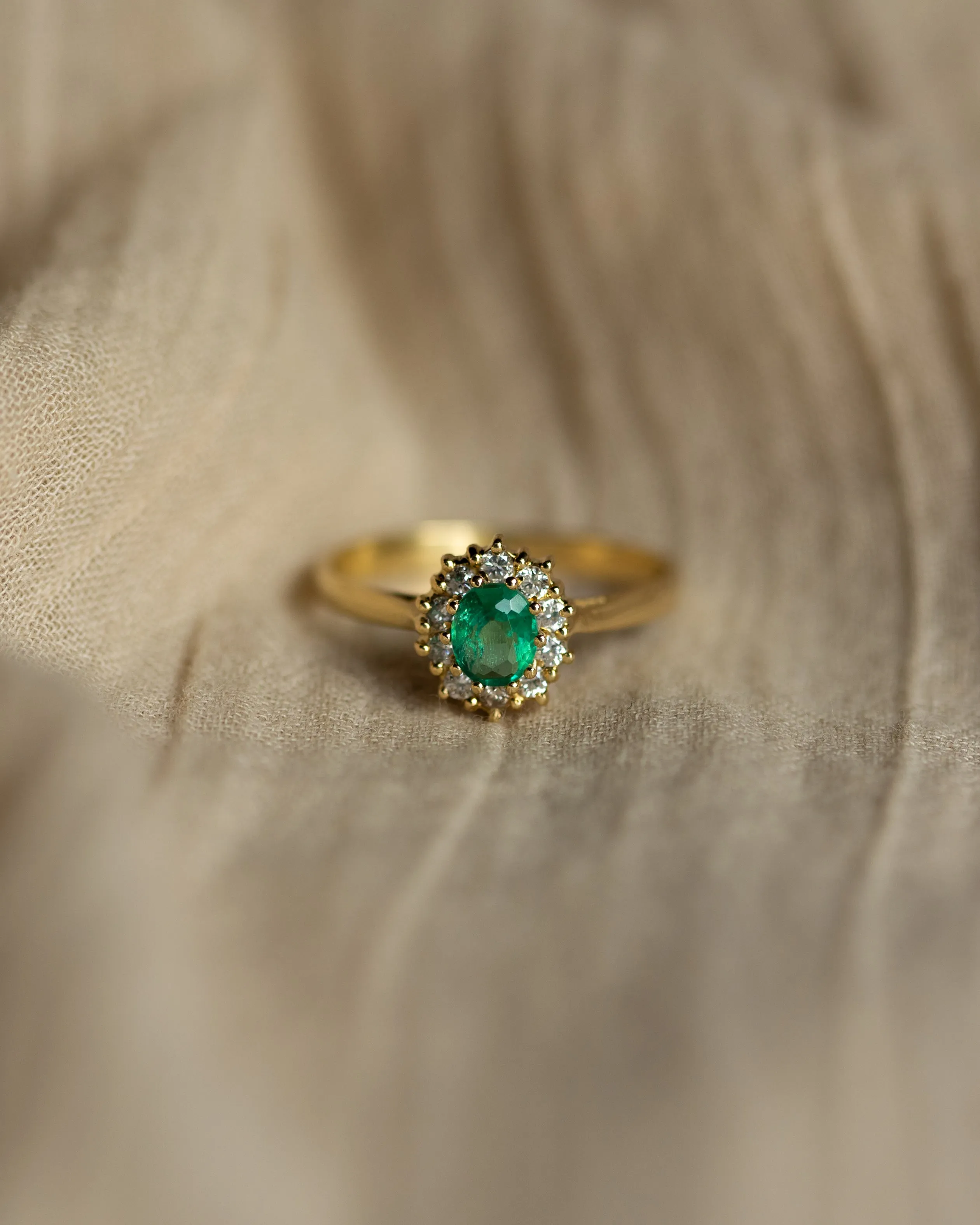 Janette 1982 Vintage 18ct Gold Emerald & Diamond Cluster Ring sold by Rock n Rose