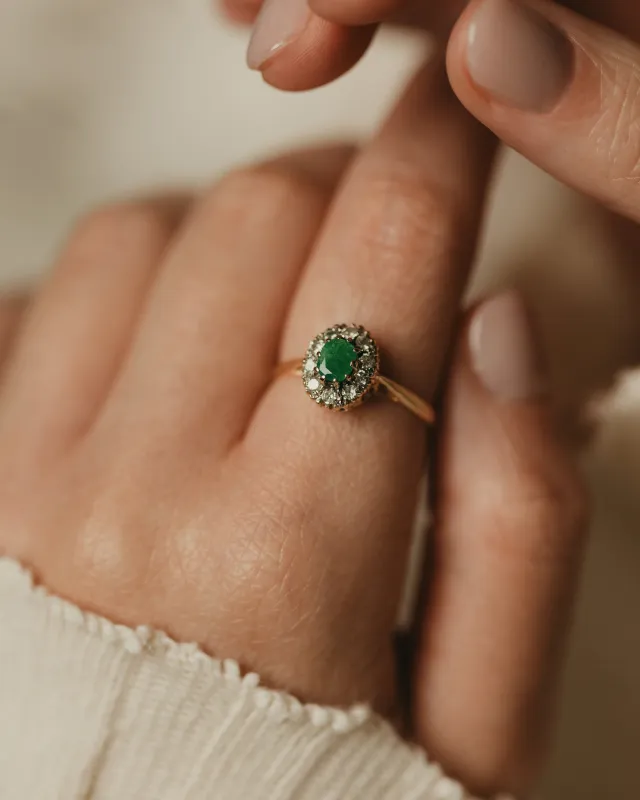 Jessica 1984 Vintage 9ct Gold Emerald & Diamond Cluster Ring sold by Rock n Rose