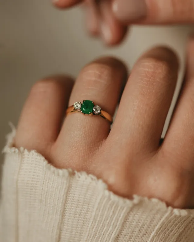 Clarice 1977 Vintage 18ct Gold Emerald & Diamond Trilogy Ring sold by Rock n Rose